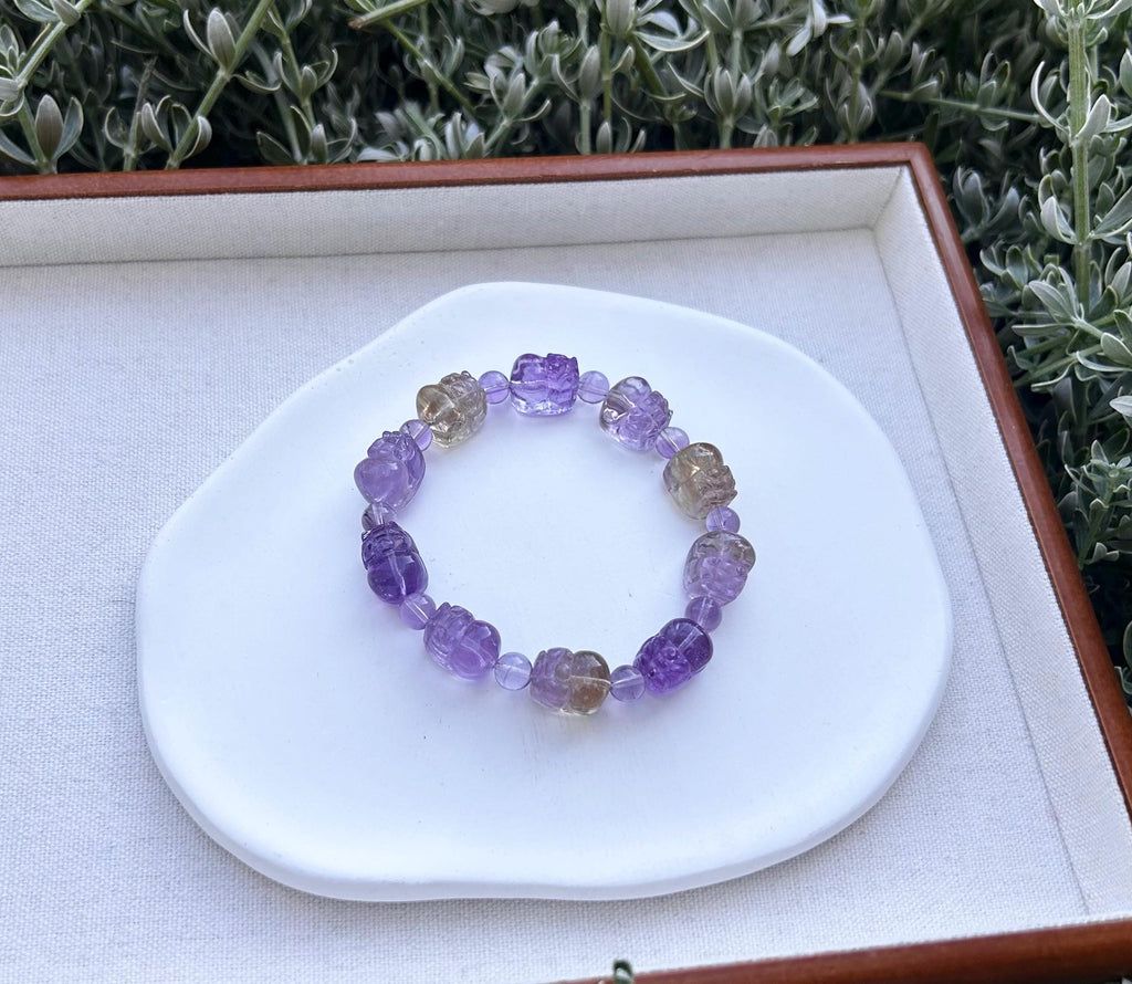 Purple and Yellow Citrine PiXiu Bracelet: Natural Crystal Carved Beads  (GH-021)