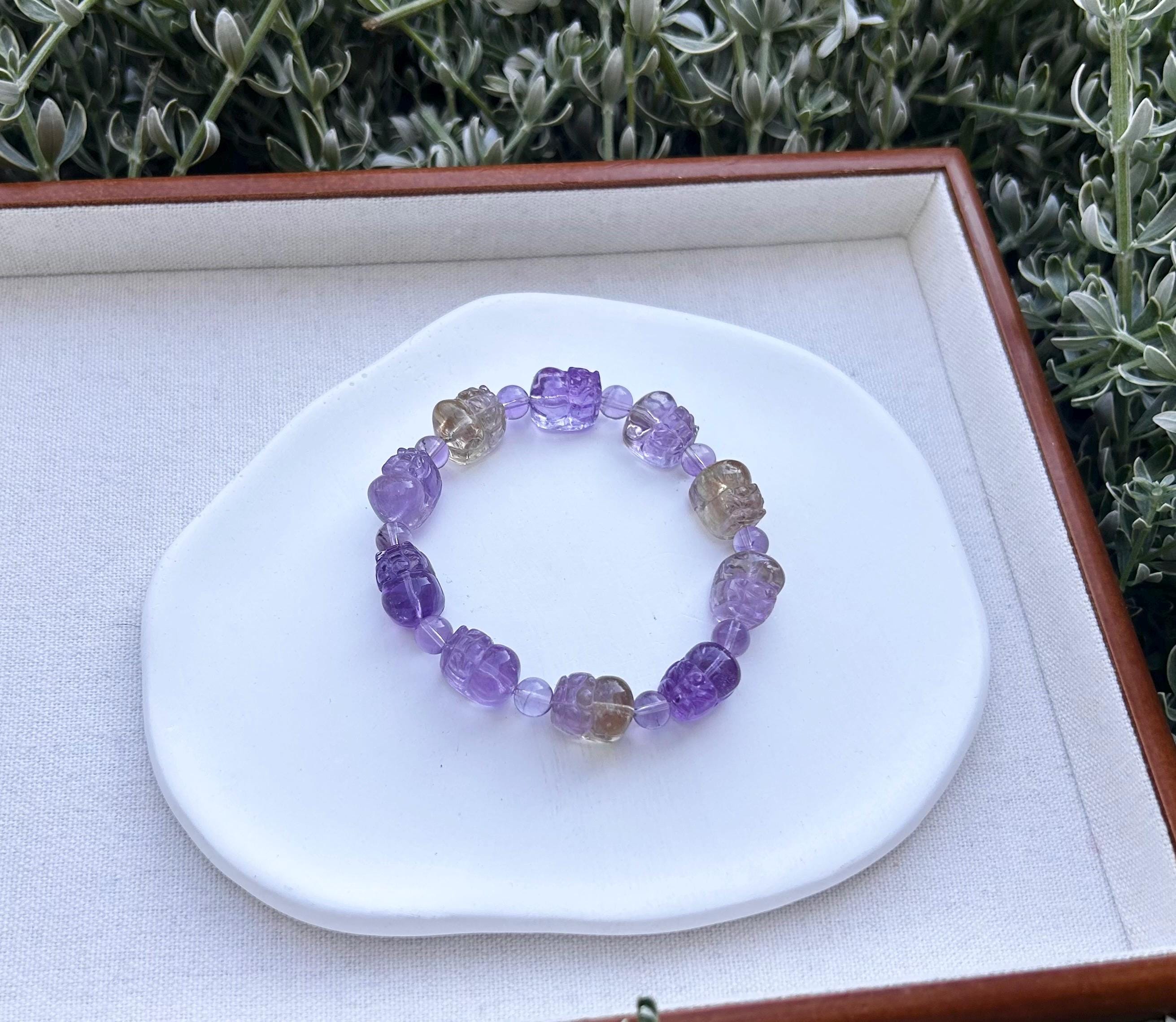Purple and Yellow Citrine PiXiu Bracelet: Natural Crystal Carved Beads  (GH-021)