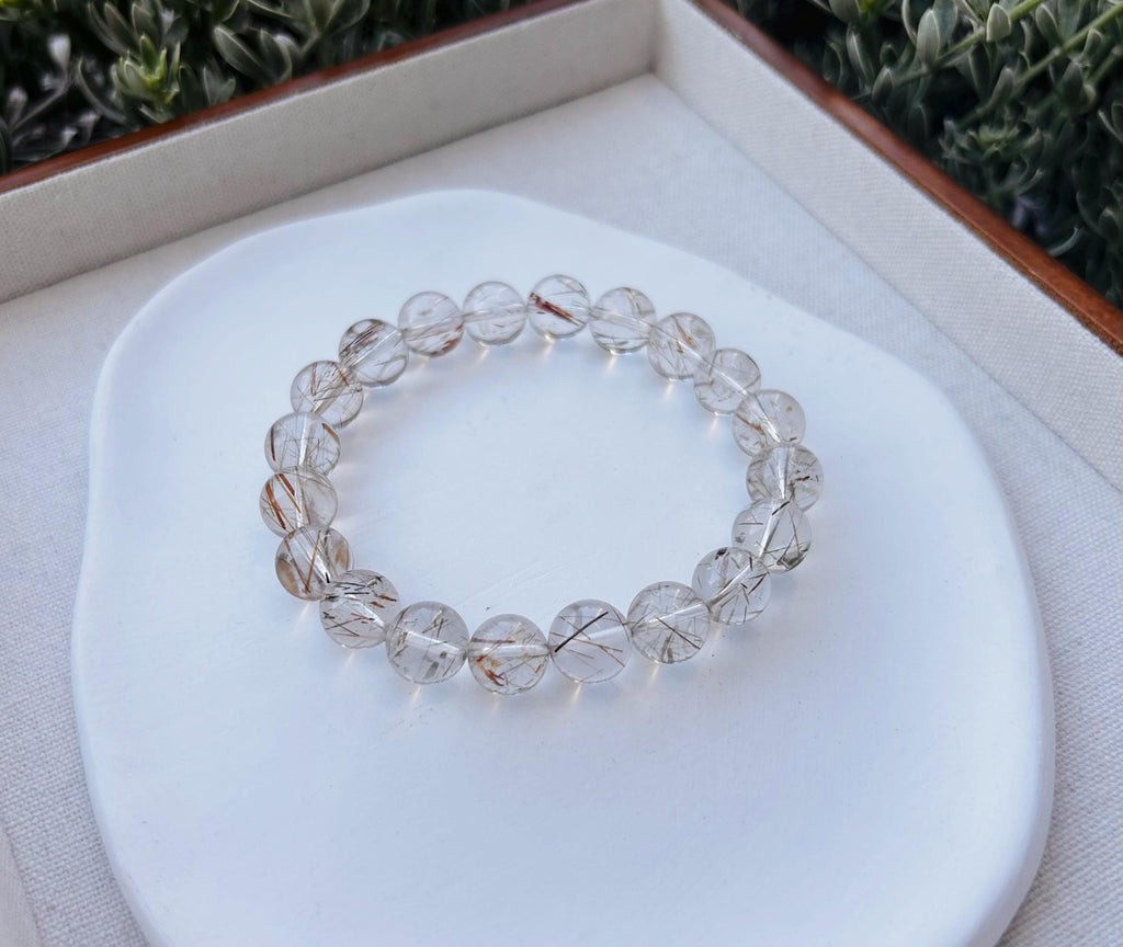 Black Gold Rutilated Quartz Bead Bracelet: Chunky Stone, 10mm (Fits 17cm Wrist) (25-108)
