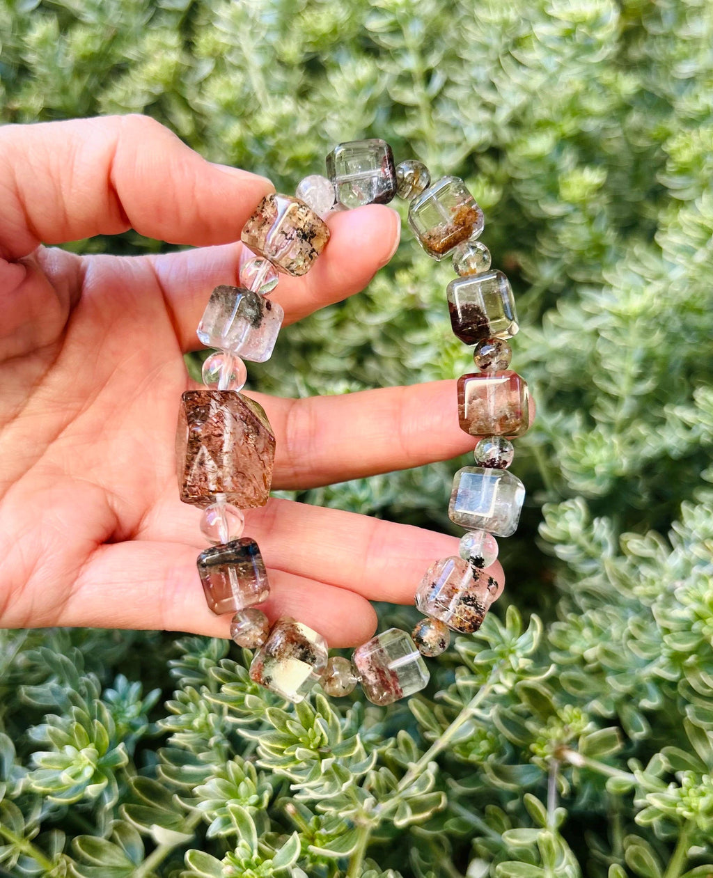 Four Season Phantom Quartz square beads with one chunky Black Gold Rutile Crystal Bracelet, fits up to 17cm wrist (25-184)