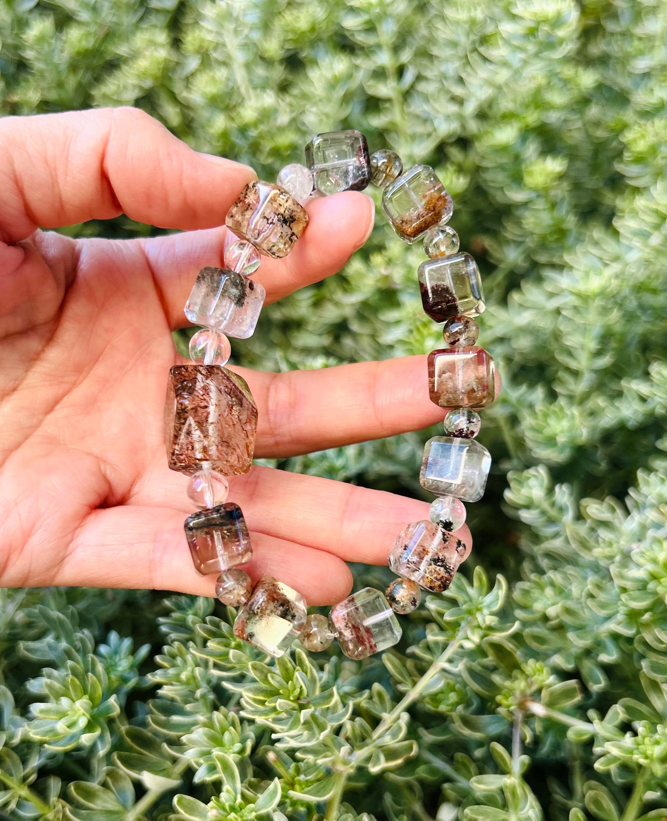 Four Season Phantom Quartz square beads with one chunky Black Gold Rutile Crystal Bracelet, fits up to 17cm wrist (25-184)
