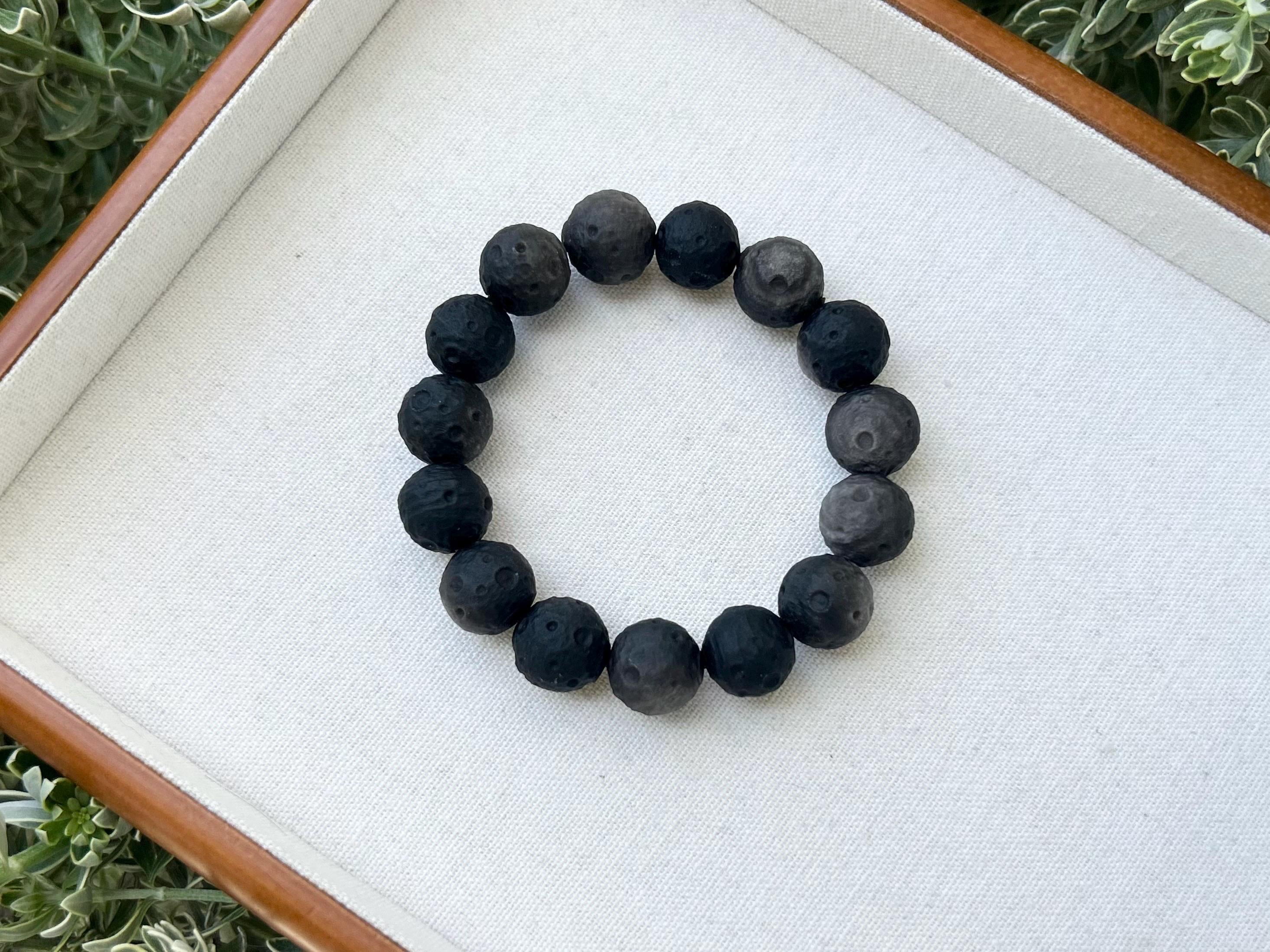 Chunky Obsidian Moon Beads bracelet - 14mm to 15mm beads, Natural Black Obsidian, Genuine Crystal Bracelet, Stretchy Beads Bracelet (26-141）