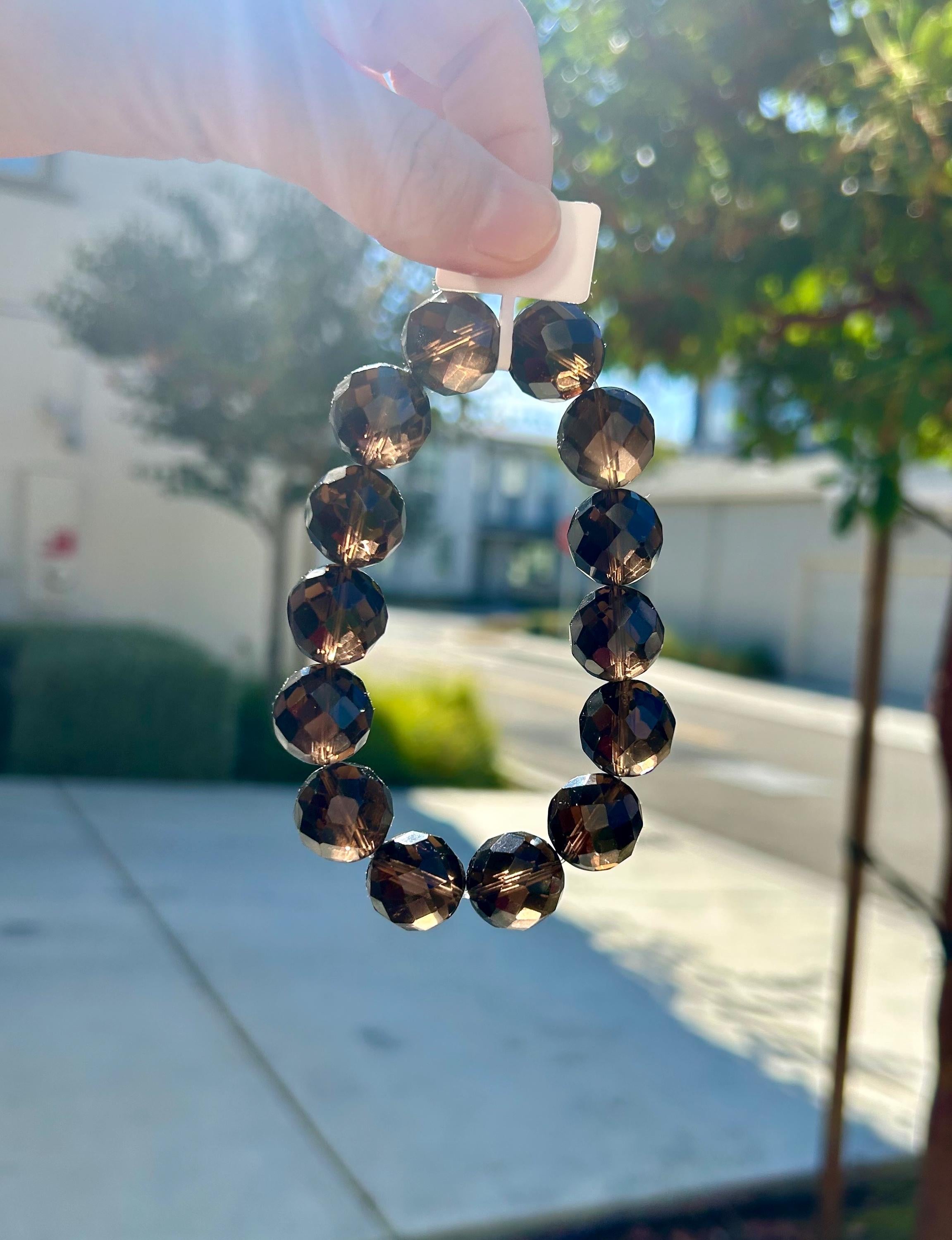 Chunky faceted Natural Smoky Quartz Crystal Bracelet featured with a crystal bow, 15mm+ smoky beads, Fits up to 18mm wrist (26-189)