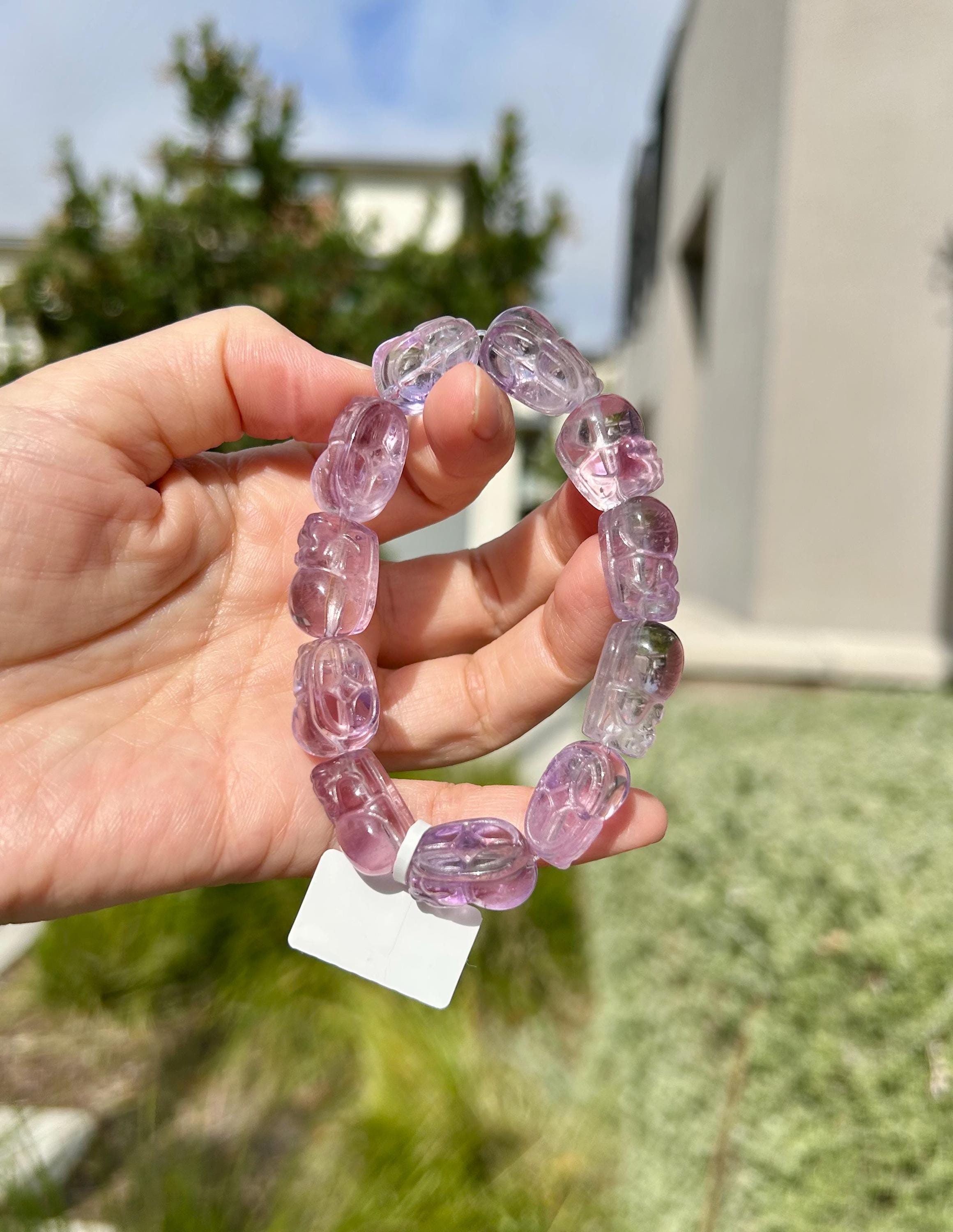 High Clarity Amethyst hand carved PiXiu Bracelet: Natural Crystal Carved Beads,fits up to 16cm wrist (26-194)