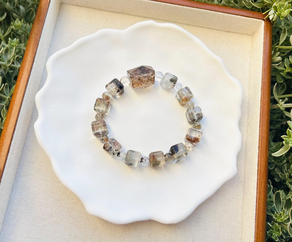 Four Season Phantom Quartz square beads with one chunky Black Gold Rutile Crystal Bracelet, fits up to 17cm wrist (25-184)