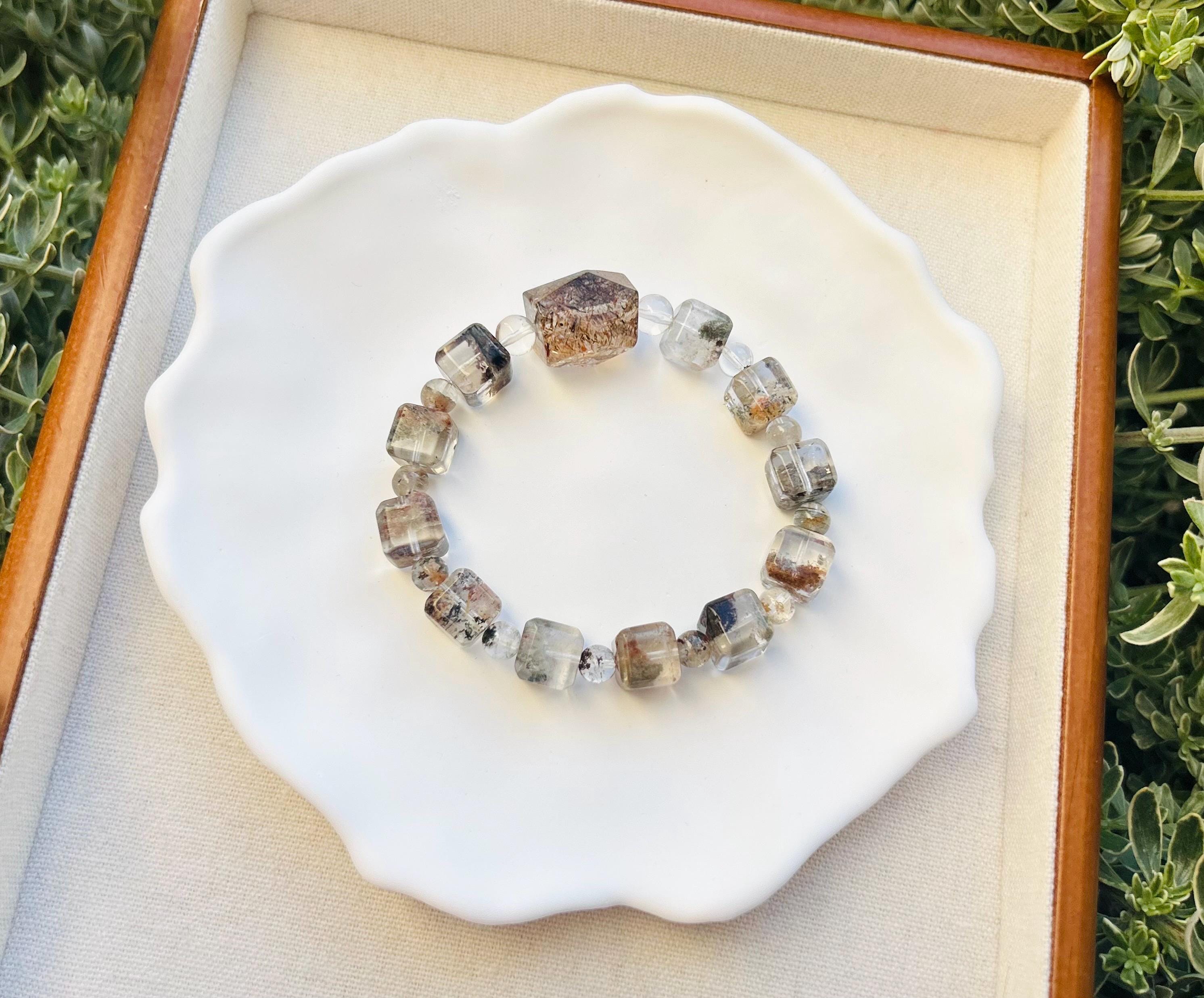 Four Season Phantom Quartz square beads with one chunky Black Gold Rutile Crystal Bracelet, fits up to 17cm wrist (25-184)