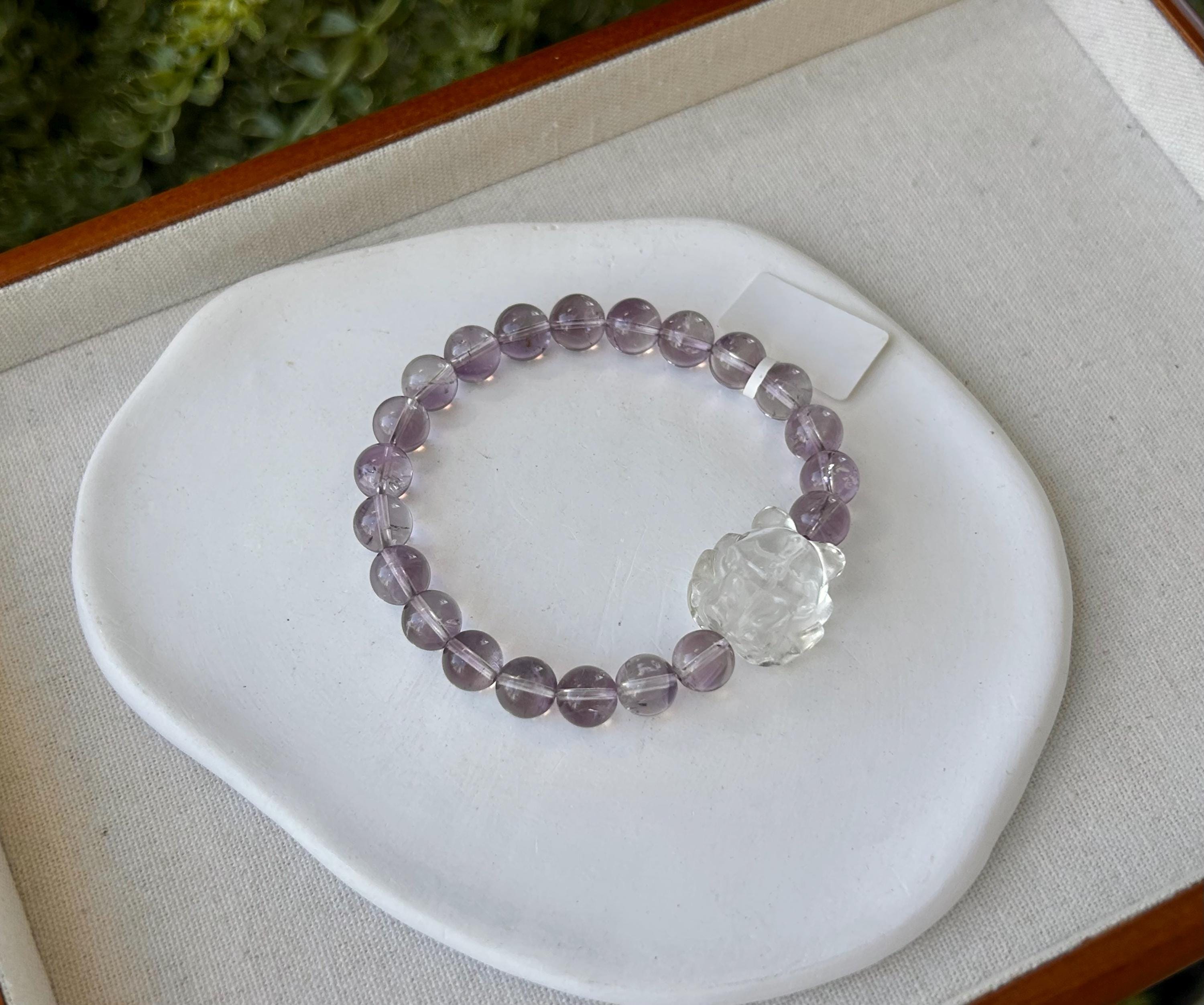 Clear Natural amethyst beads bracelet featuring a crystal carved fox, Amethyst Crystal Stretchy Bracelet (26-154)