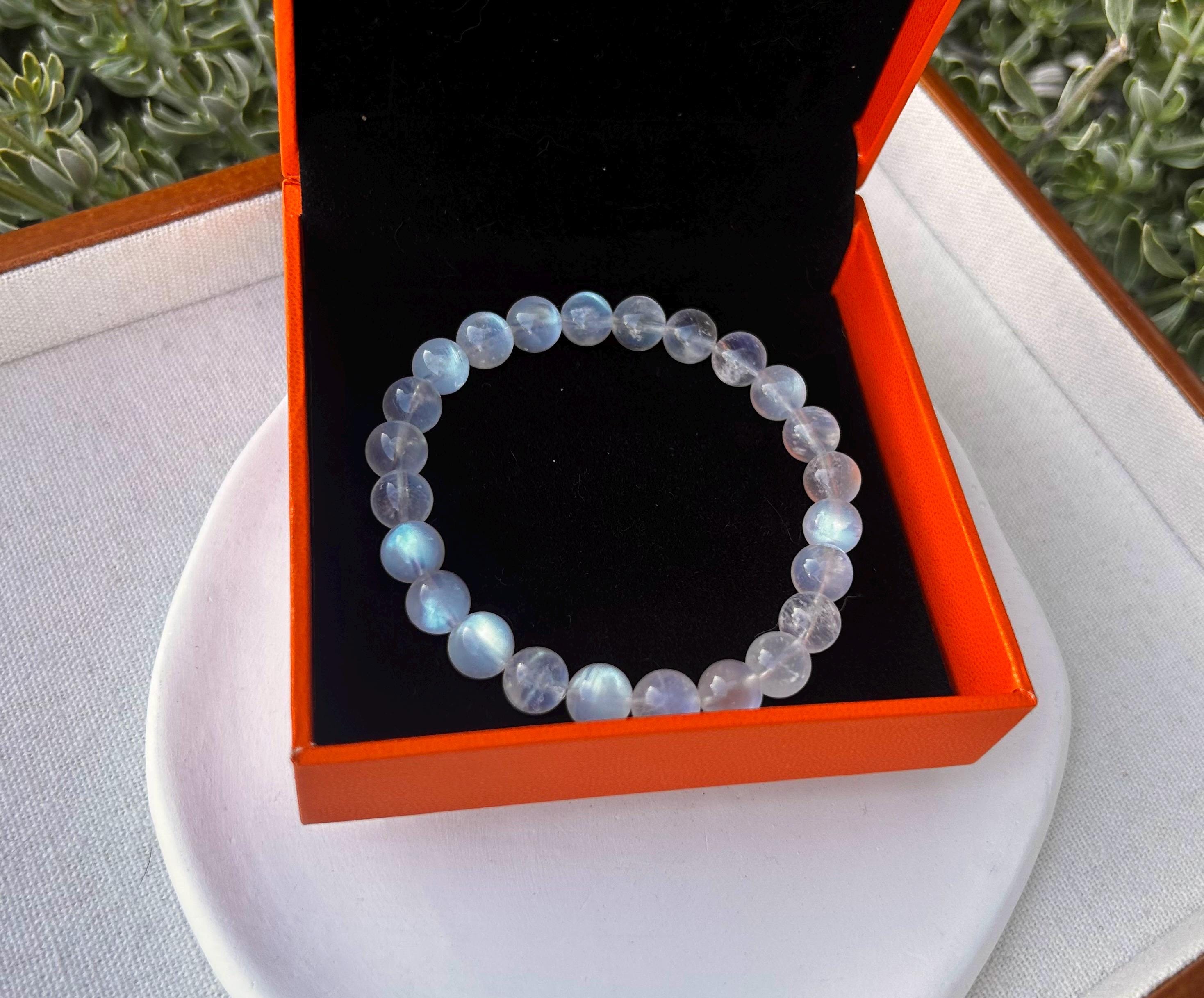 Natural Moonstone Crystal Bracelet: Blue Light Gemstone, 8mm Beads, (25-095)