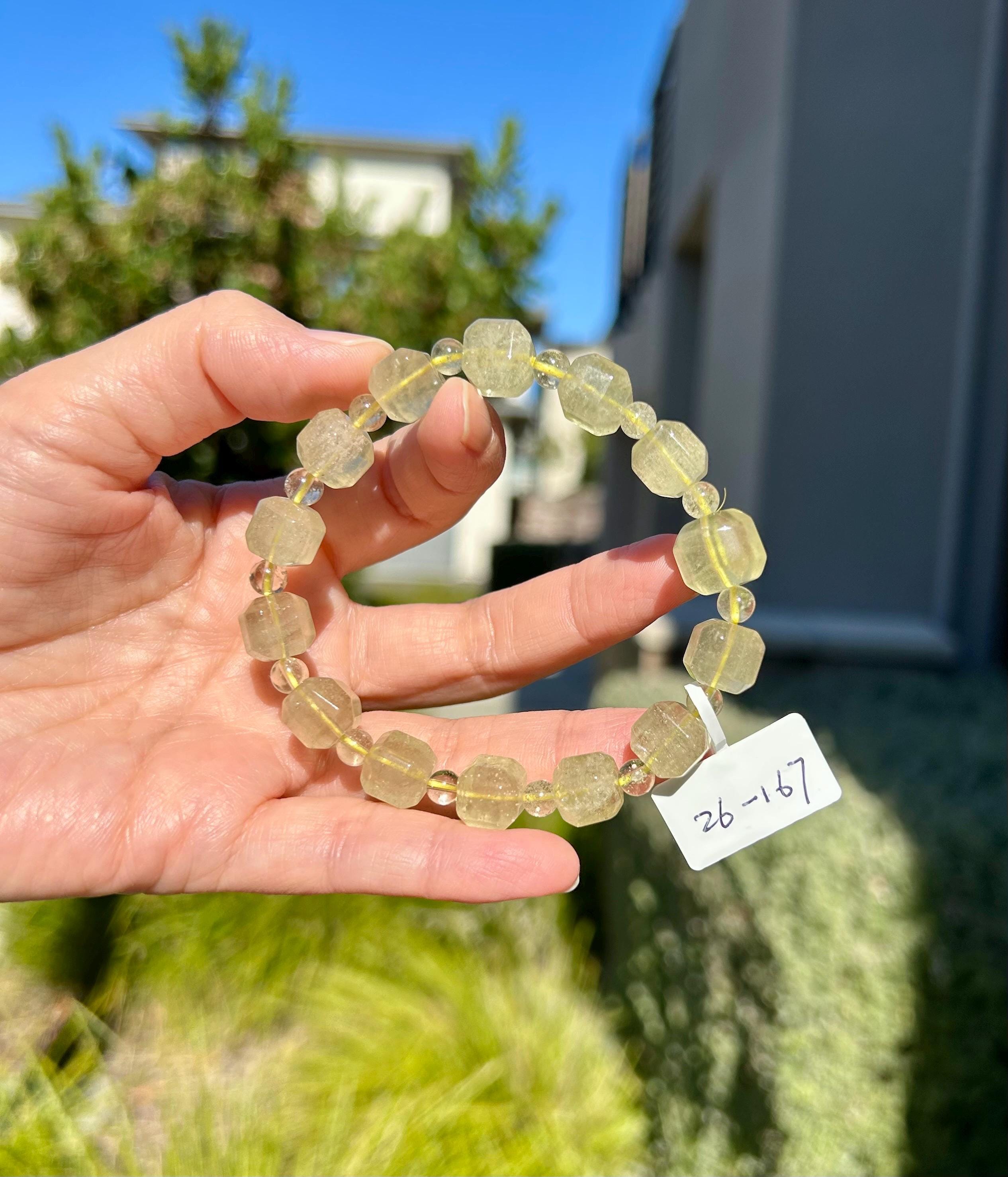 Healing Crystal, Gold Libyan Desert Glass square beads Bracelet: Tektite Beads, about 10mm beads, Fits up to 17cm wrist (26-167)