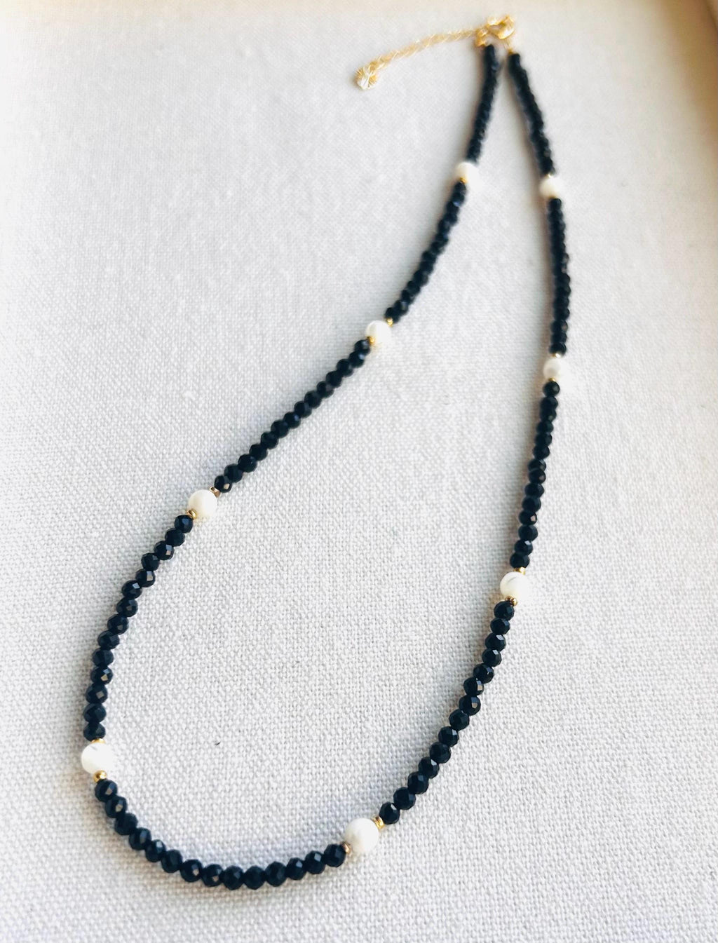 Black Spinel necklace with Gold and shell beads, August Birthstone (26-044)