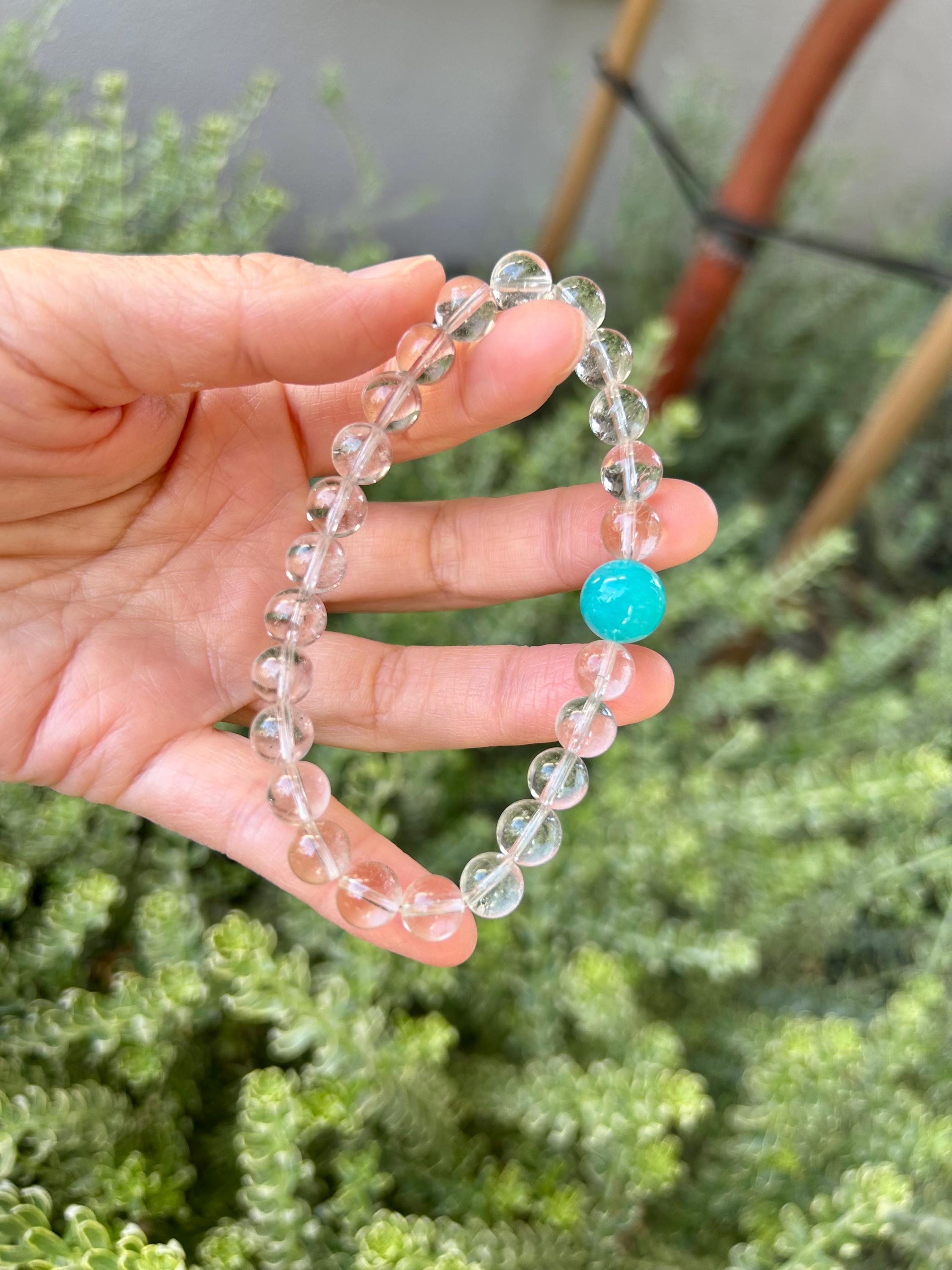 Clear quartz round beads with big amazonite beads bracelet, fits up to 17cm wrist (26-110)