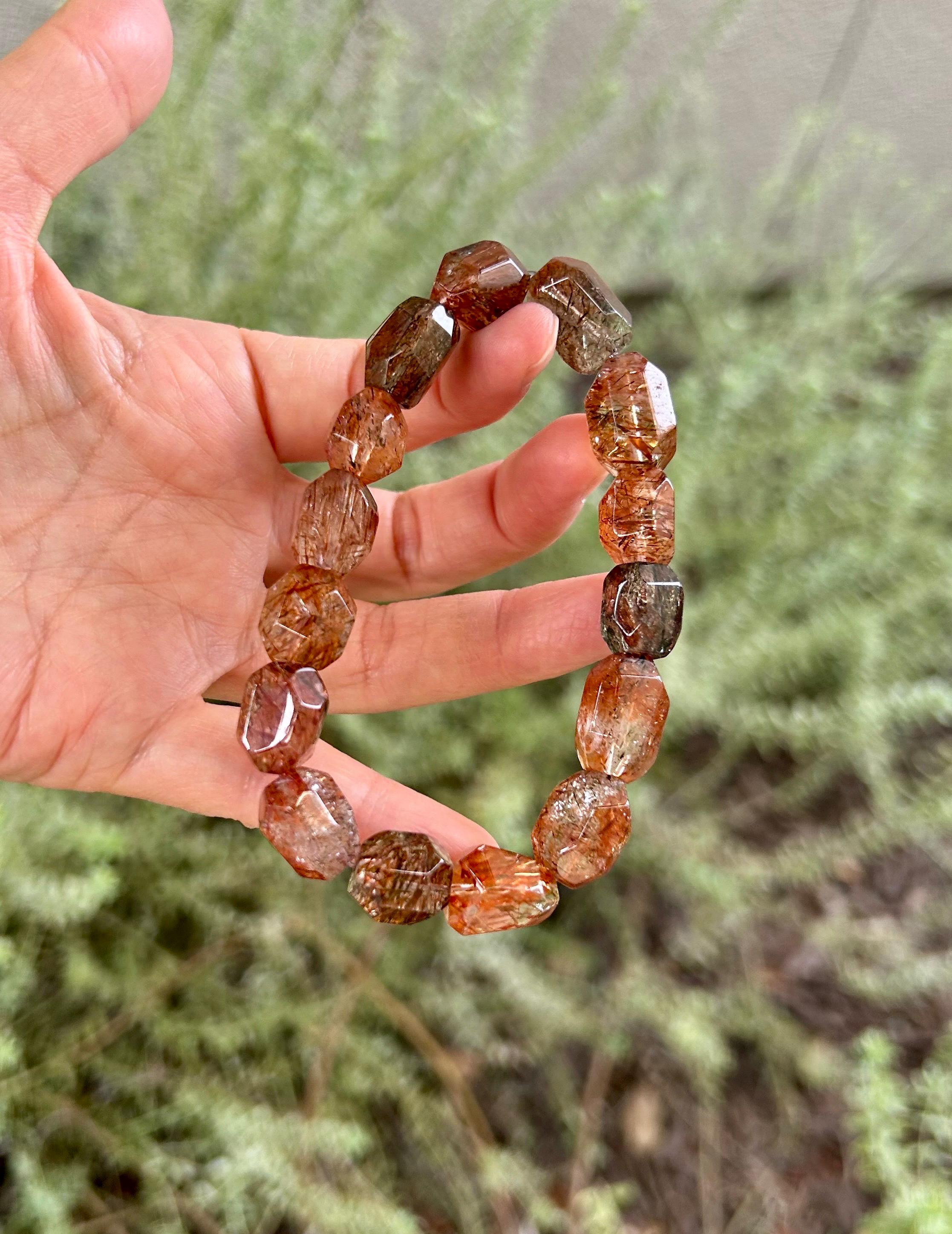 Black Gold Rutile Quartz Crystal Bead Bracelet, multi color rutile beads bracelet (GH-029)