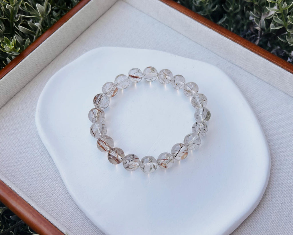 Black Gold Rutilated Quartz Bead Bracelet: Chunky Stone, 10mm (Fits 17cm Wrist) (25-108)