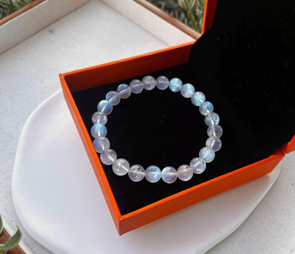 Natural Moonstone Crystal Bracelet: Blue Light Gemstone, 8mm Beads, (25-095)