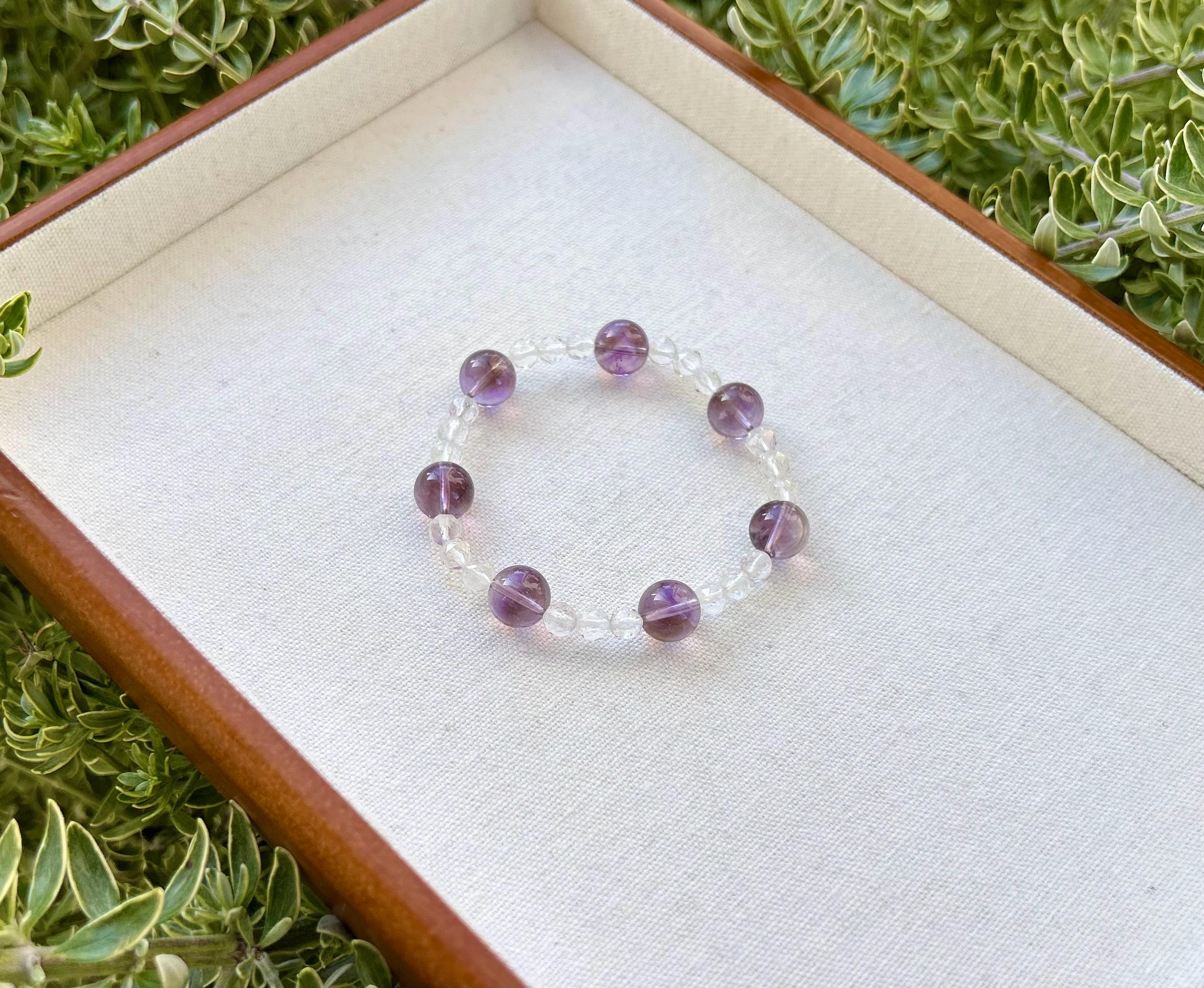 Clear quartz Bead plus Amethyst beads Bracelet -  Crystal Bracelet, fits up to 16cm wrist
