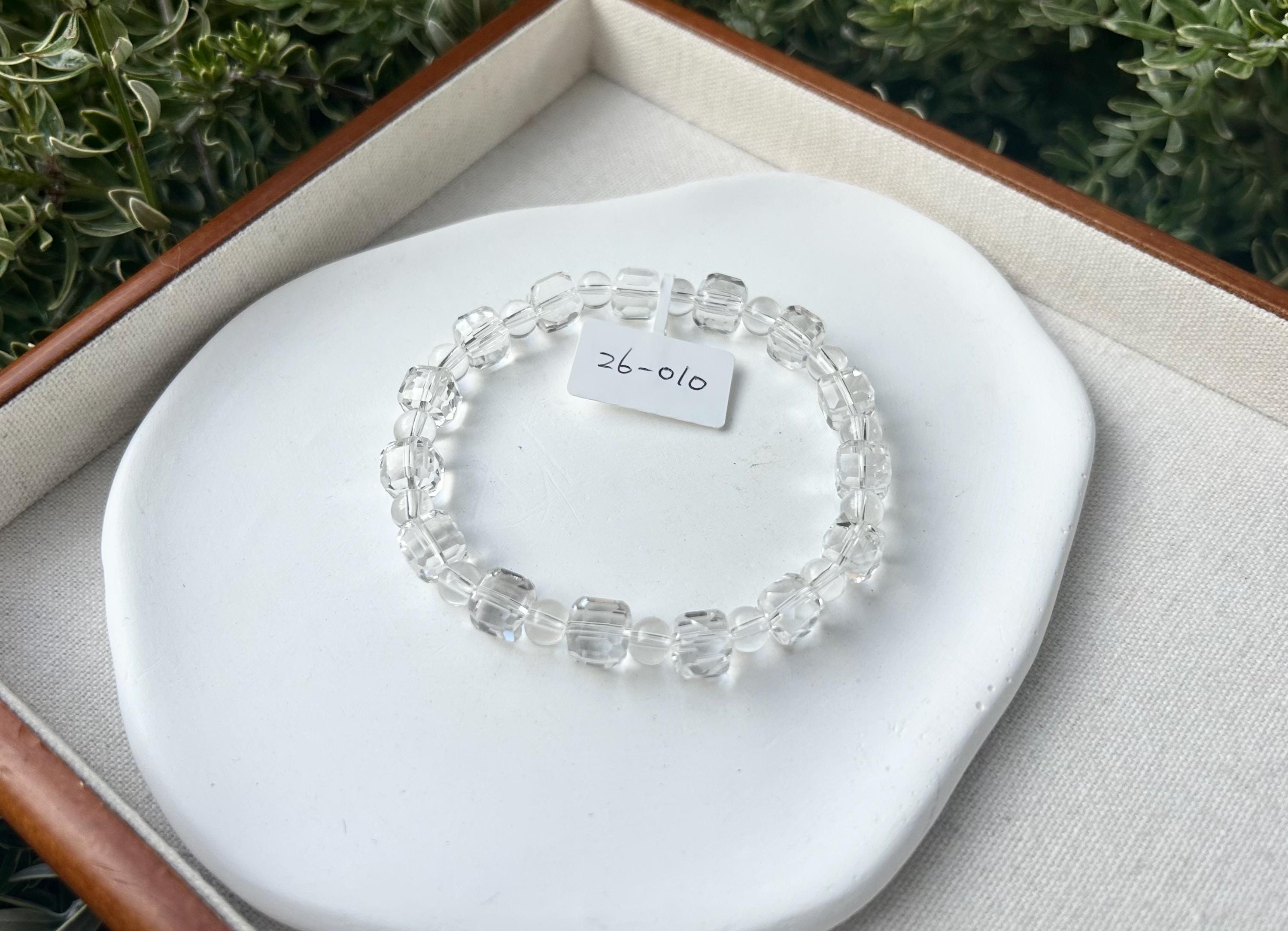 High quality natural clear quartz square beads bracelet, fits up to 18cm (26-076)