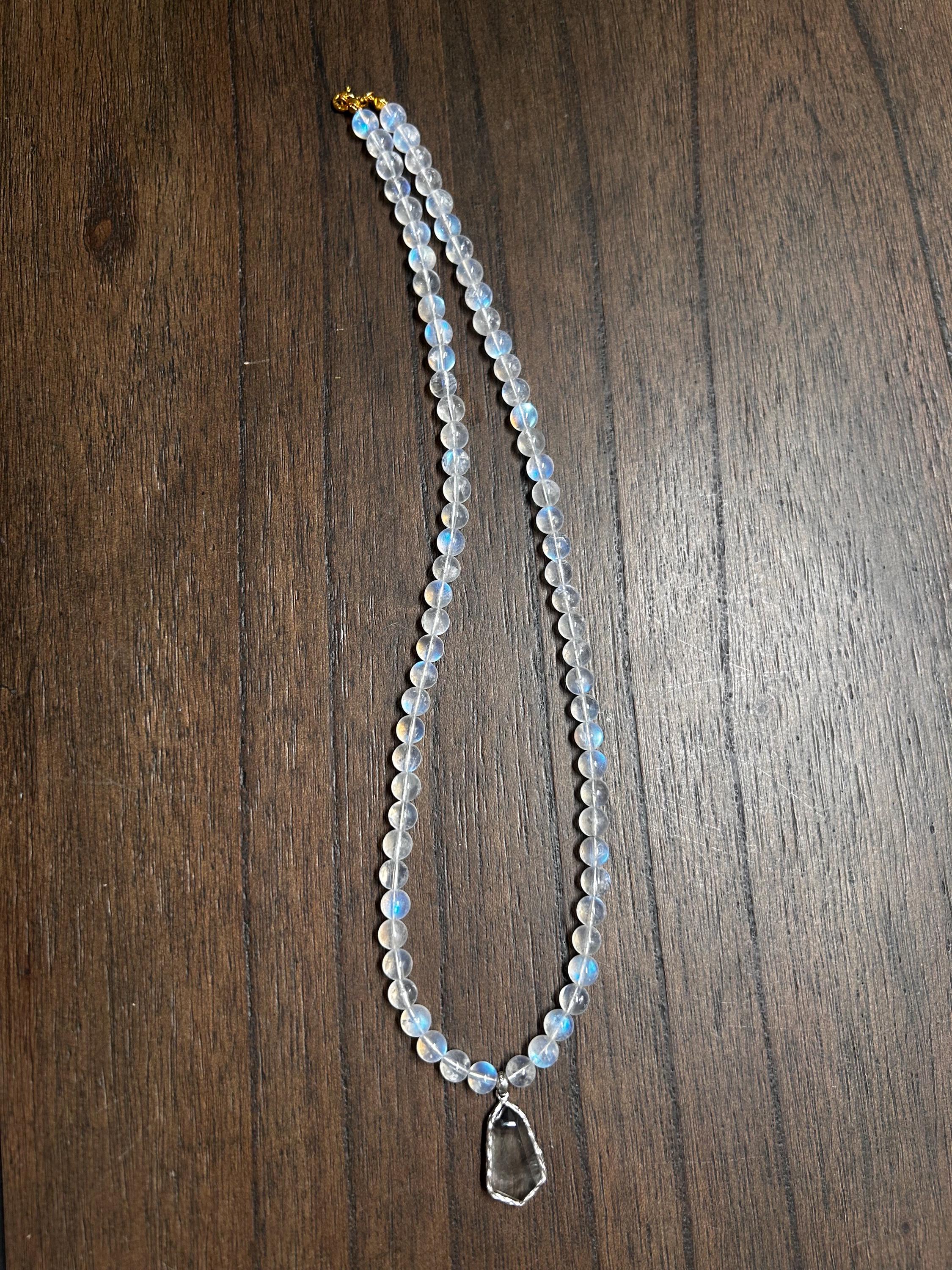 High quality blue light Moonstone beads and sterling silver accessories Necklace, Black & Silver Rutilated Quartz pendant (50cm) (GH-016)
