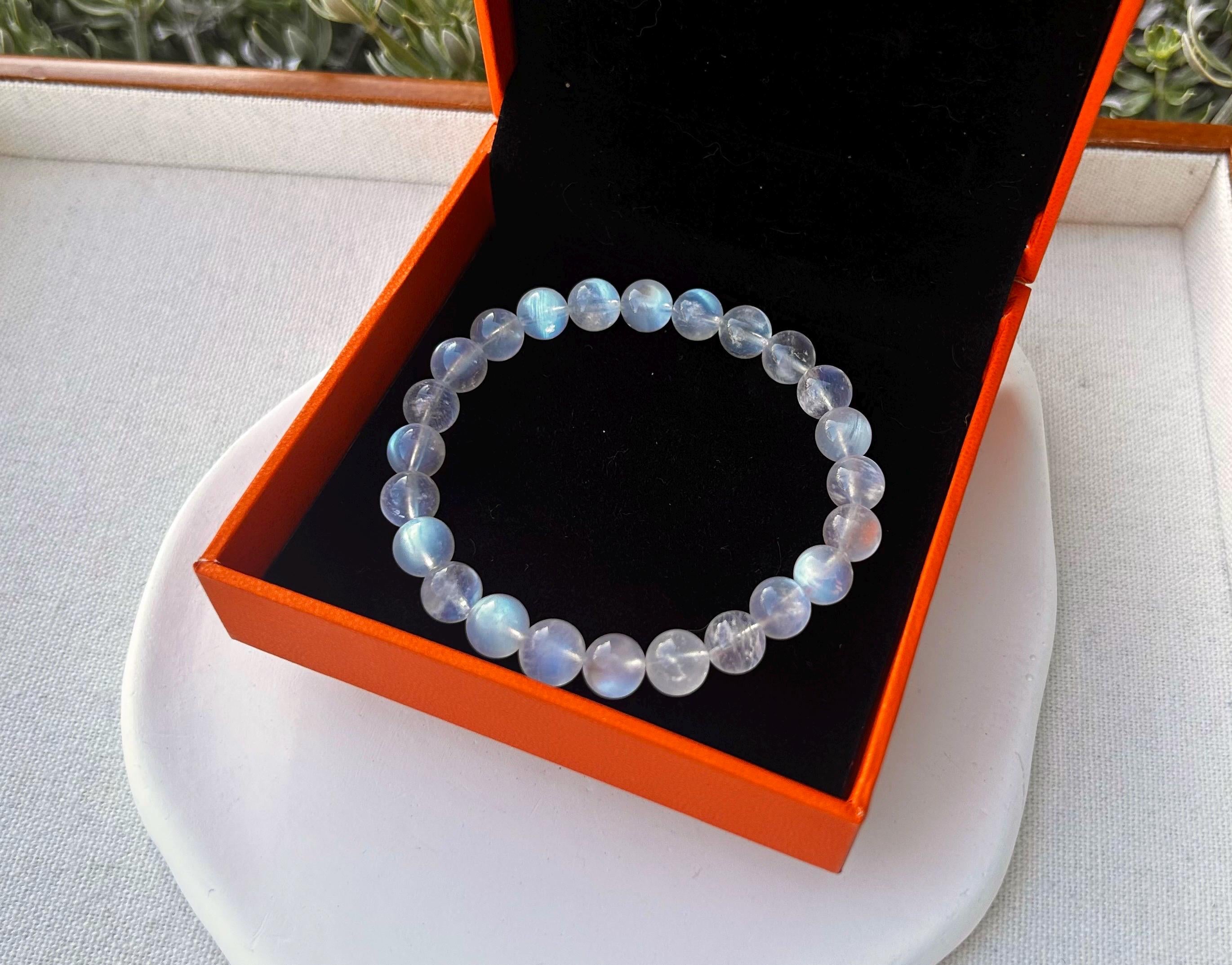 Natural Moonstone Crystal Bracelet: Blue Light Gemstone, 8mm Beads, (25-095)