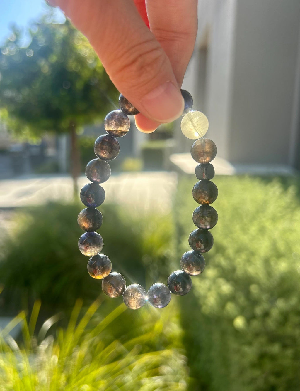 Natural Cordierite/Iolite with visible inclusions  Bracelet with one Libyan and Gibeon Meteorite, 10mm+ beads, fits up to 17cm wrist 25-224