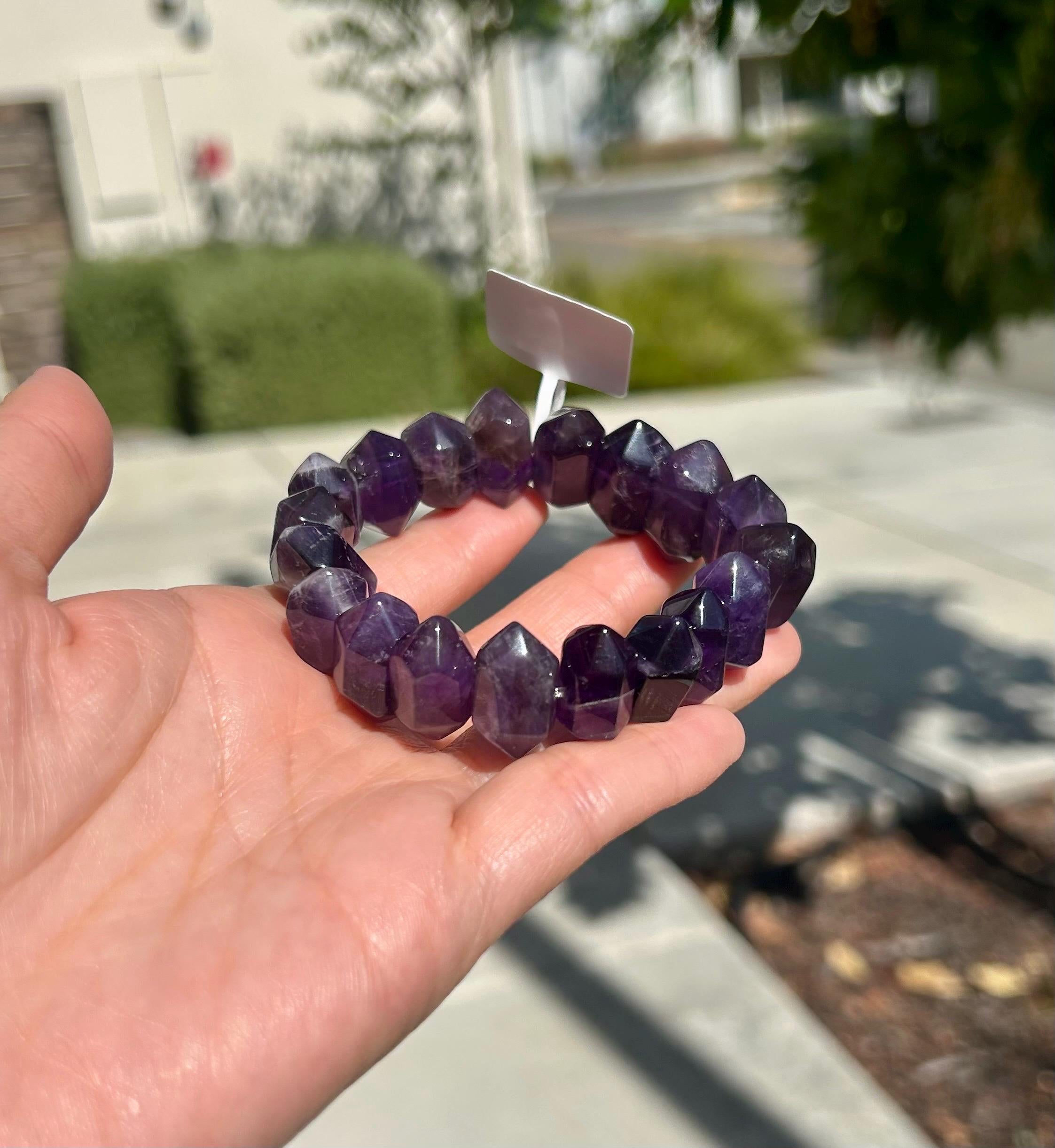 Natural double terminations amethyst bracelet (chunky), genuine crystal beads bracelet, fits up to 16cm wrist (25-075)