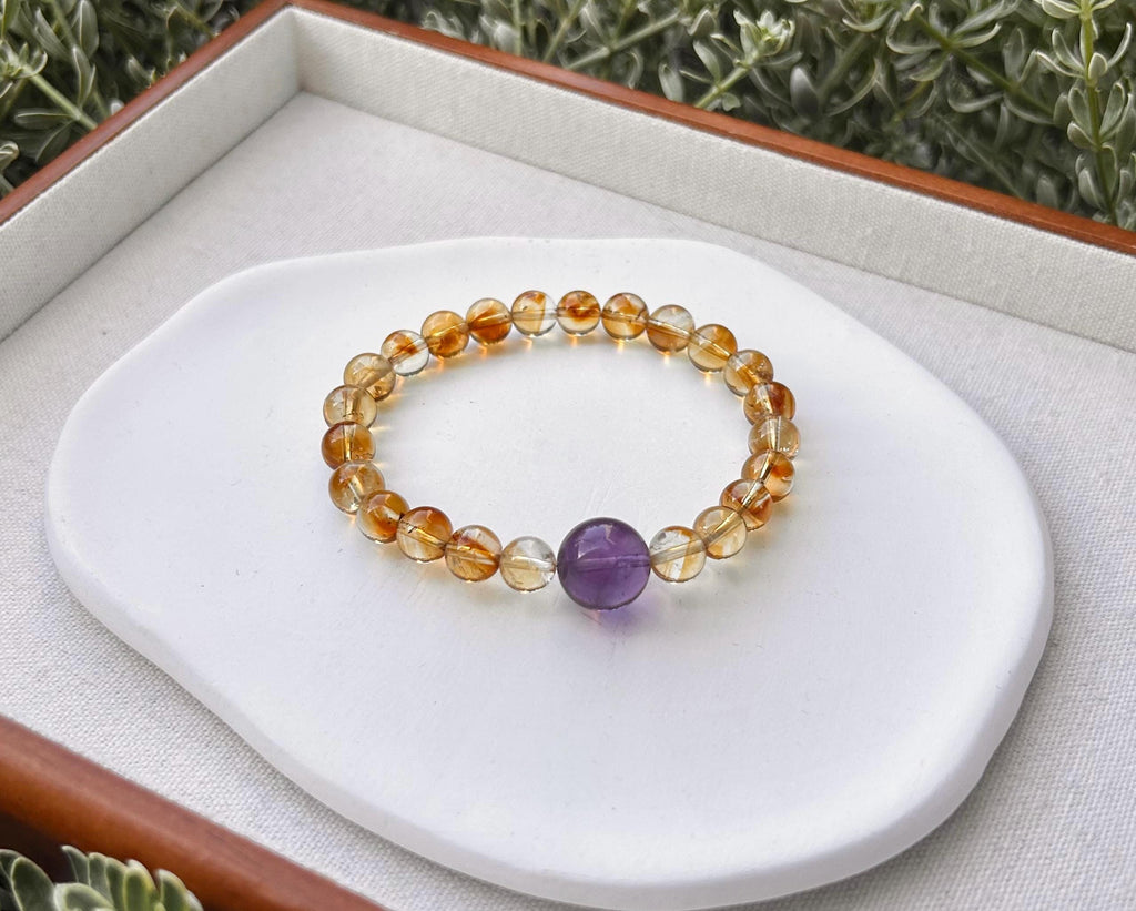 Genuine Citrine Bracelet with Amethyst Bead: Success & Abundance Crystal (25-127)