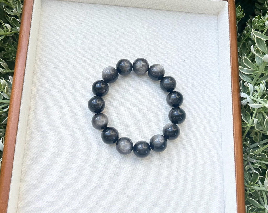 Chunky Silver Obsidian Bead Bracelet: Stretchy Gemstone Jewelry, 14mm beads, (25-136)