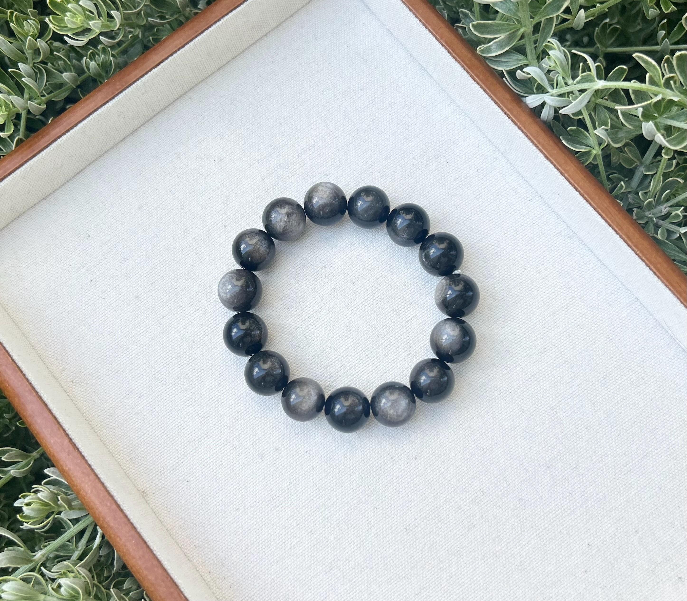 Chunky Silver Obsidian Bead Bracelet: Stretchy Gemstone Jewelry, 14mm beads, (25-136)