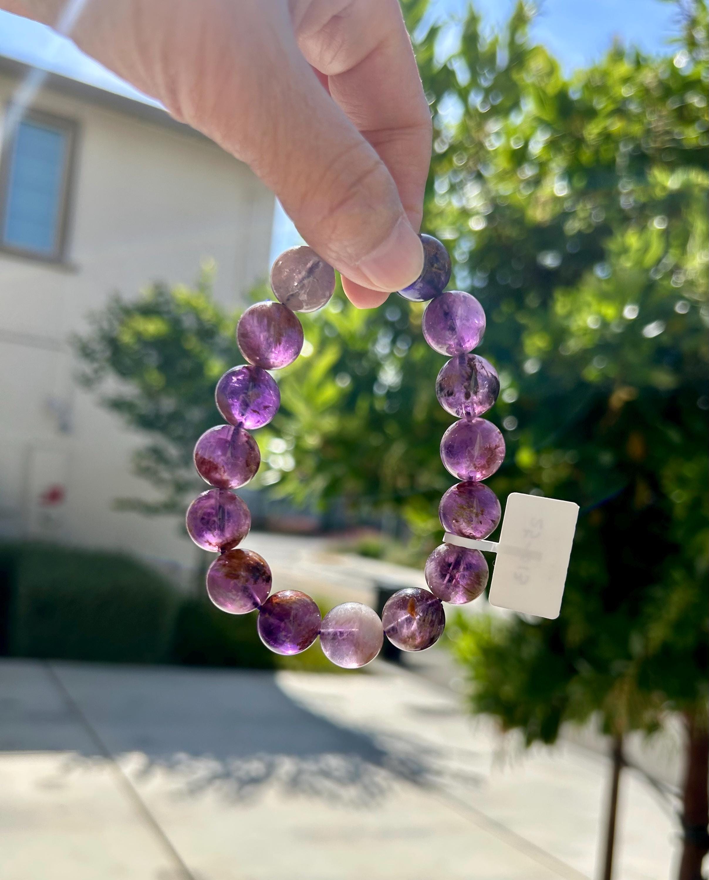 Chunky Natural Purple Phantom Amethyst Quartz Beaded Bracelet - 13mm, Phantom Amethyst Crystal Bracelet, fits up to 17cm wrist （25-013）