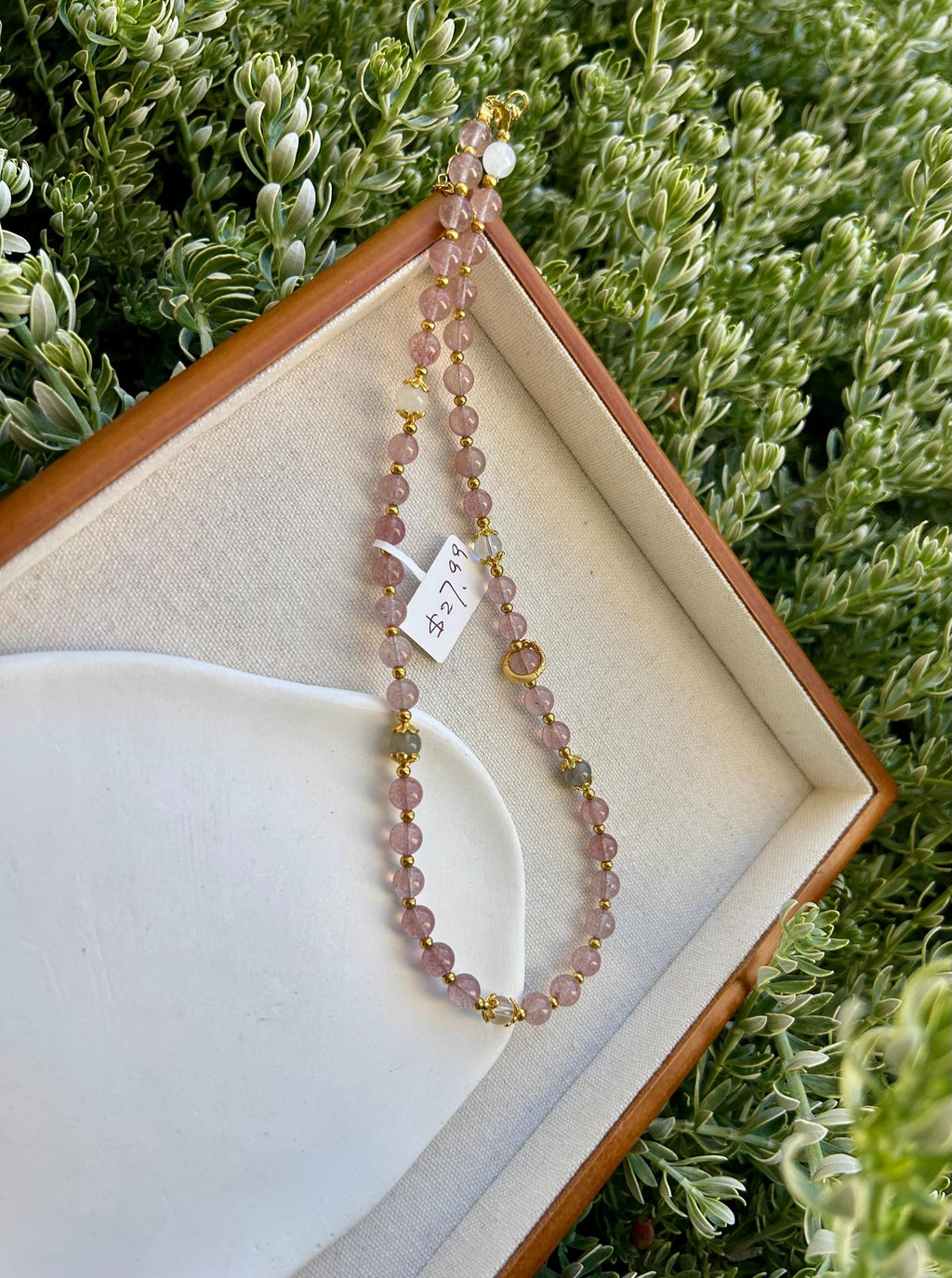 Light Pink Strawberry Quartz beads and pearl Necklace, Handmade Jewelry, Gift for Her (26-081)