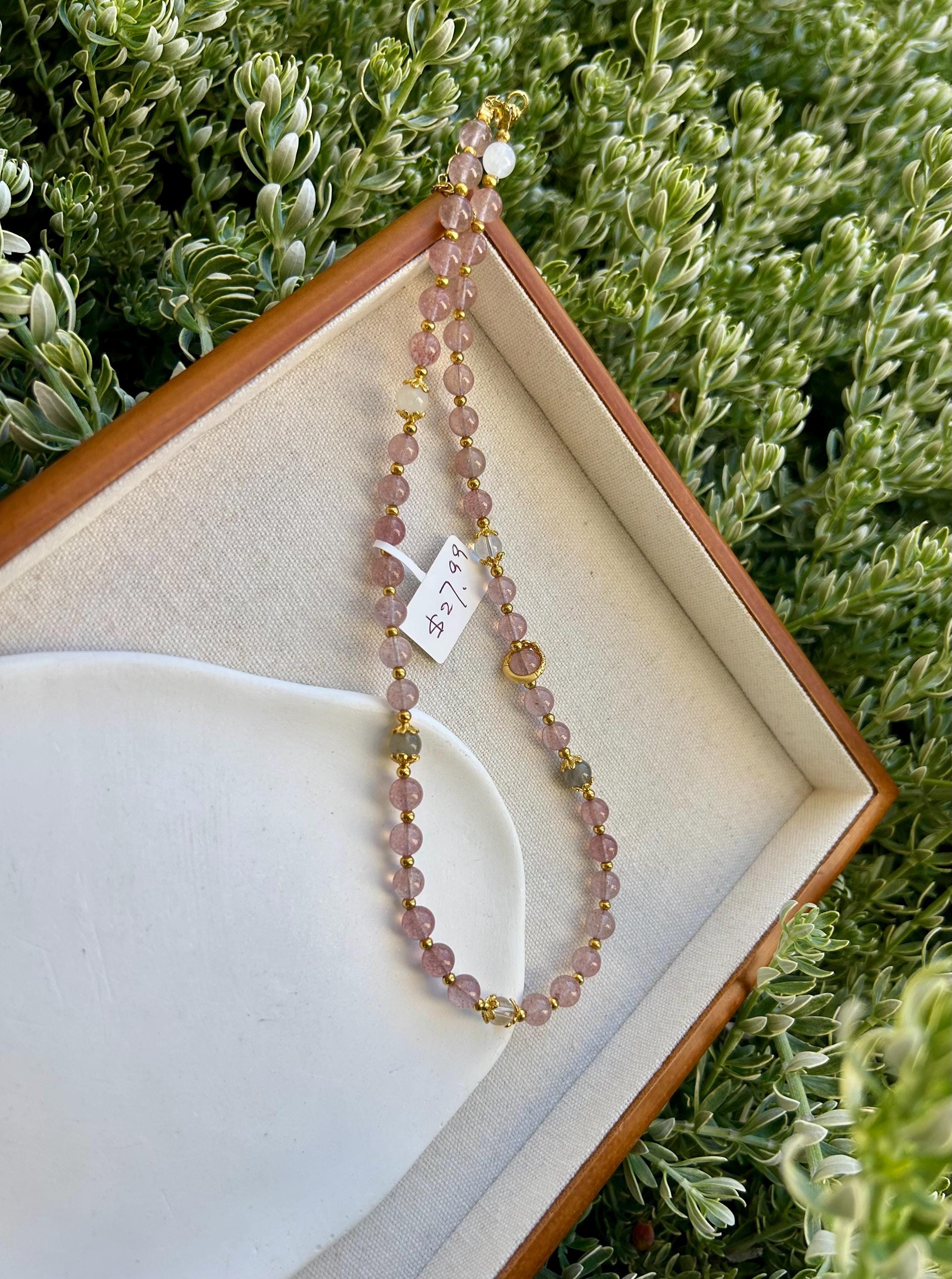Light Pink Strawberry Quartz beads and pearl Necklace, Handmade Jewelry, Gift for Her (26-081)