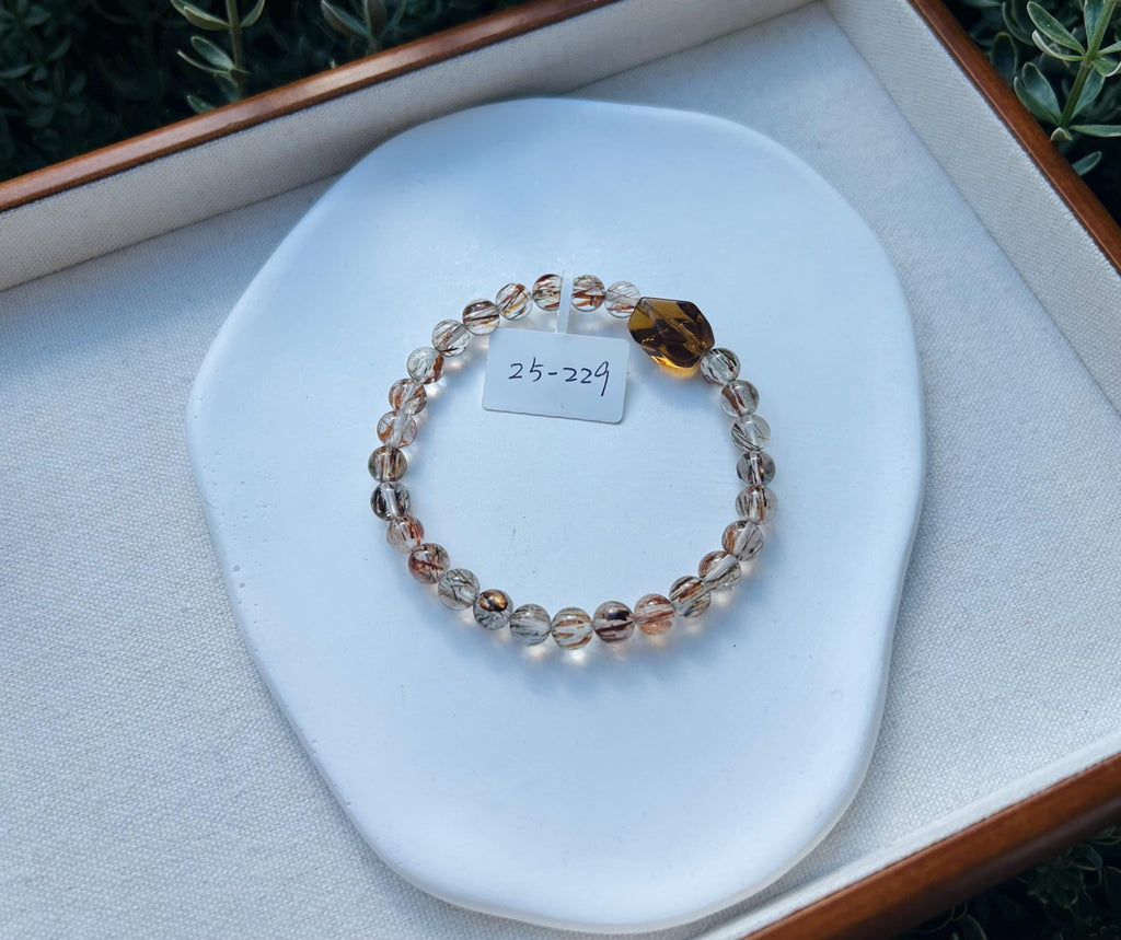 Black Gold Rutile Quartz Crystal Bead Bracelet with one citrine facet bead, Fits up to 17cm wrist (25-229)