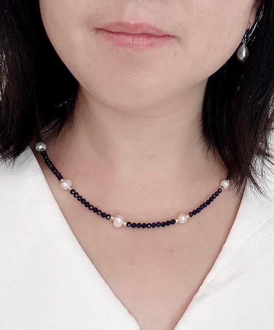 Black Spinel necklace with Gold and shell beads, August Birthstone (26-044)
