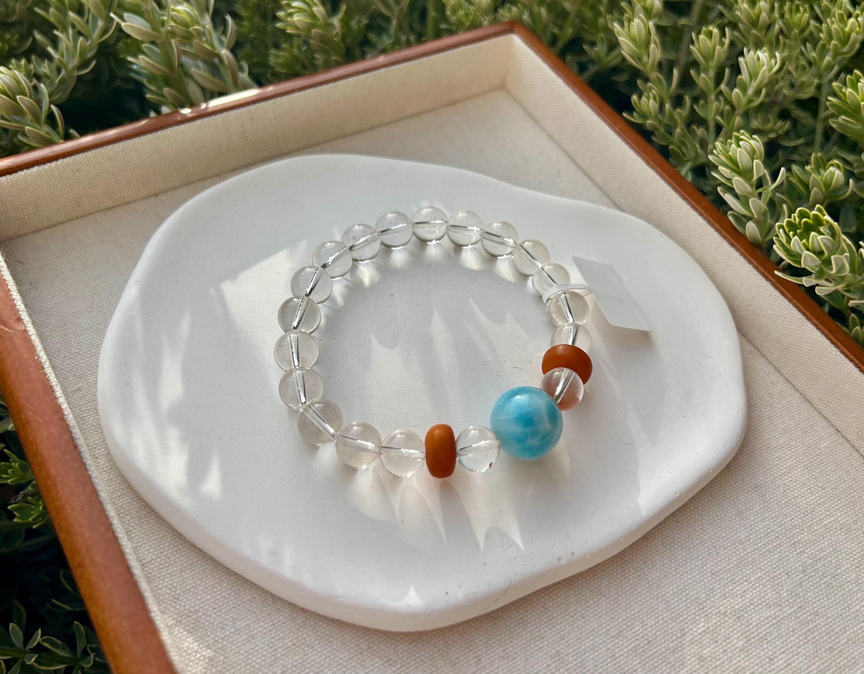 Chunky Larimar bead 16mm and clear Quartz beads bracelet with beeswax beads, Fits up to 17cm wrist, can be adjusted shorter (25-218)