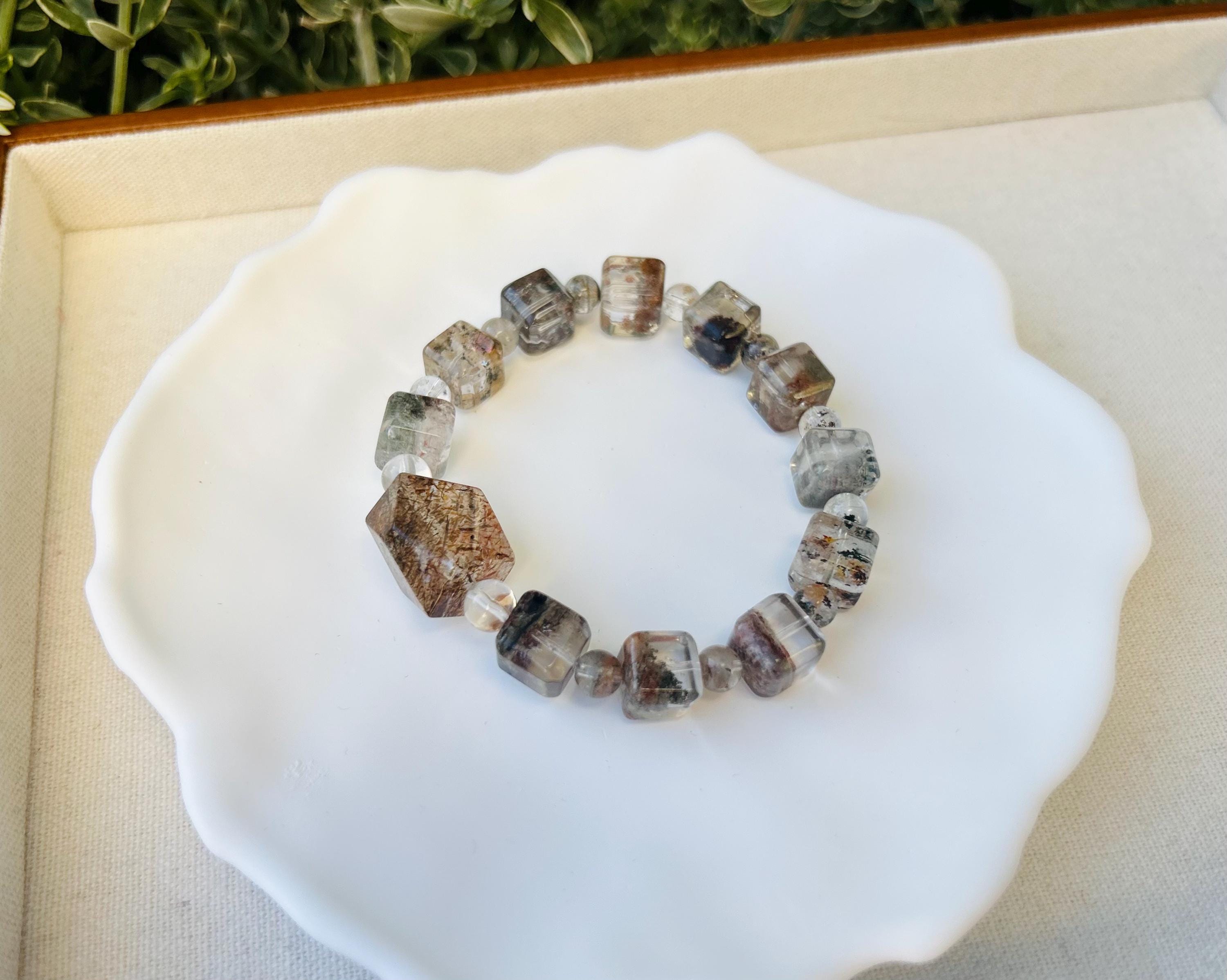 Four Season Phantom Quartz square beads with one chunky Black Gold Rutile Crystal Bracelet, fits up to 17cm wrist (25-184)