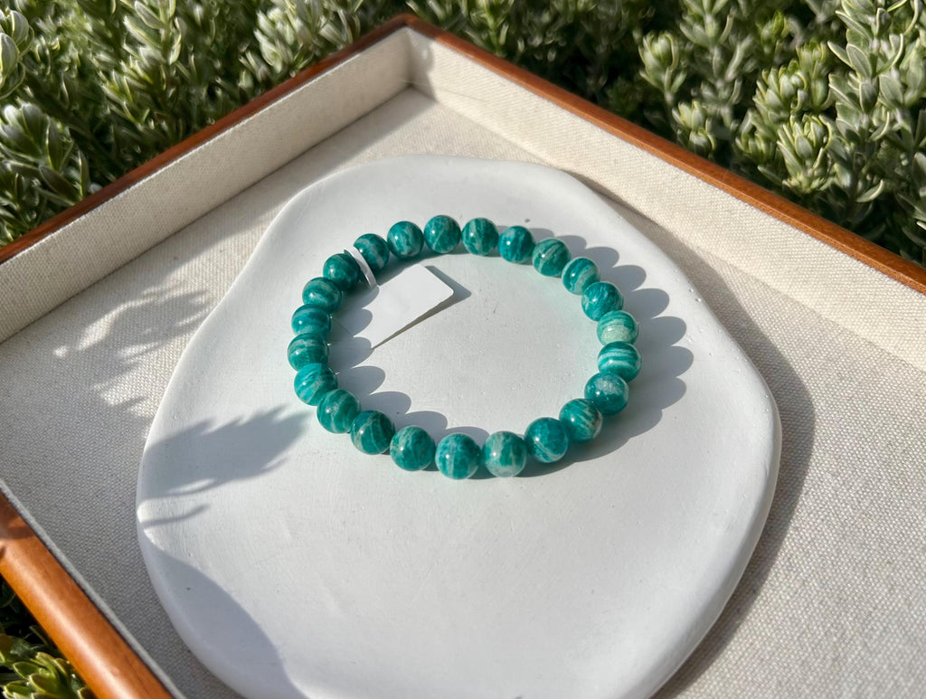 Natural Amazonite Gemstone Bracelet: Stretchy Crystal Healing Beads, fits up to 17.5cm wrist (26-040)