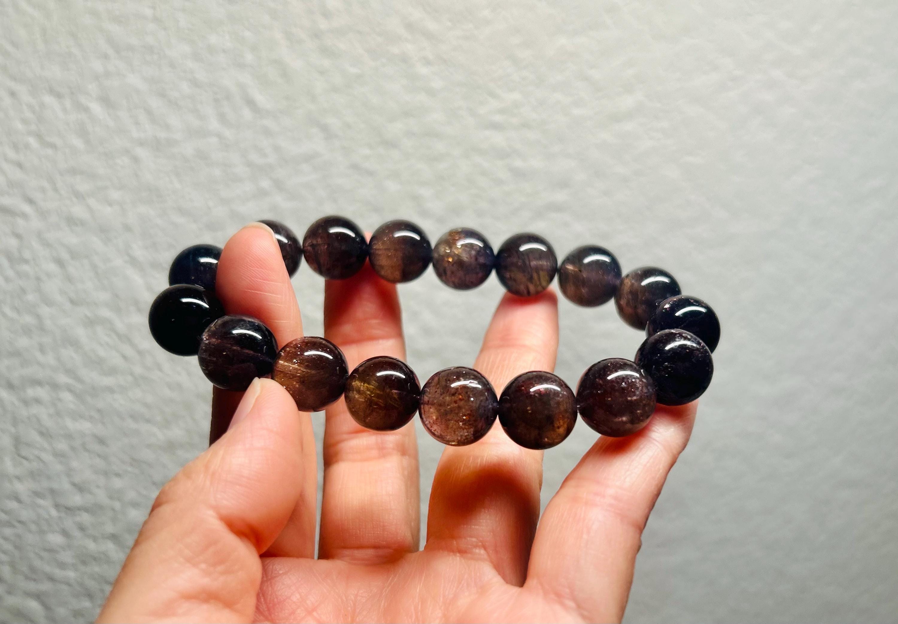 Sunstone iolite with Blood-Like Inclusions Chunky 12mm beads bracelet, Deep Violet with Red Inclusions, Fits up to 16.8cm wrist (GH-009)