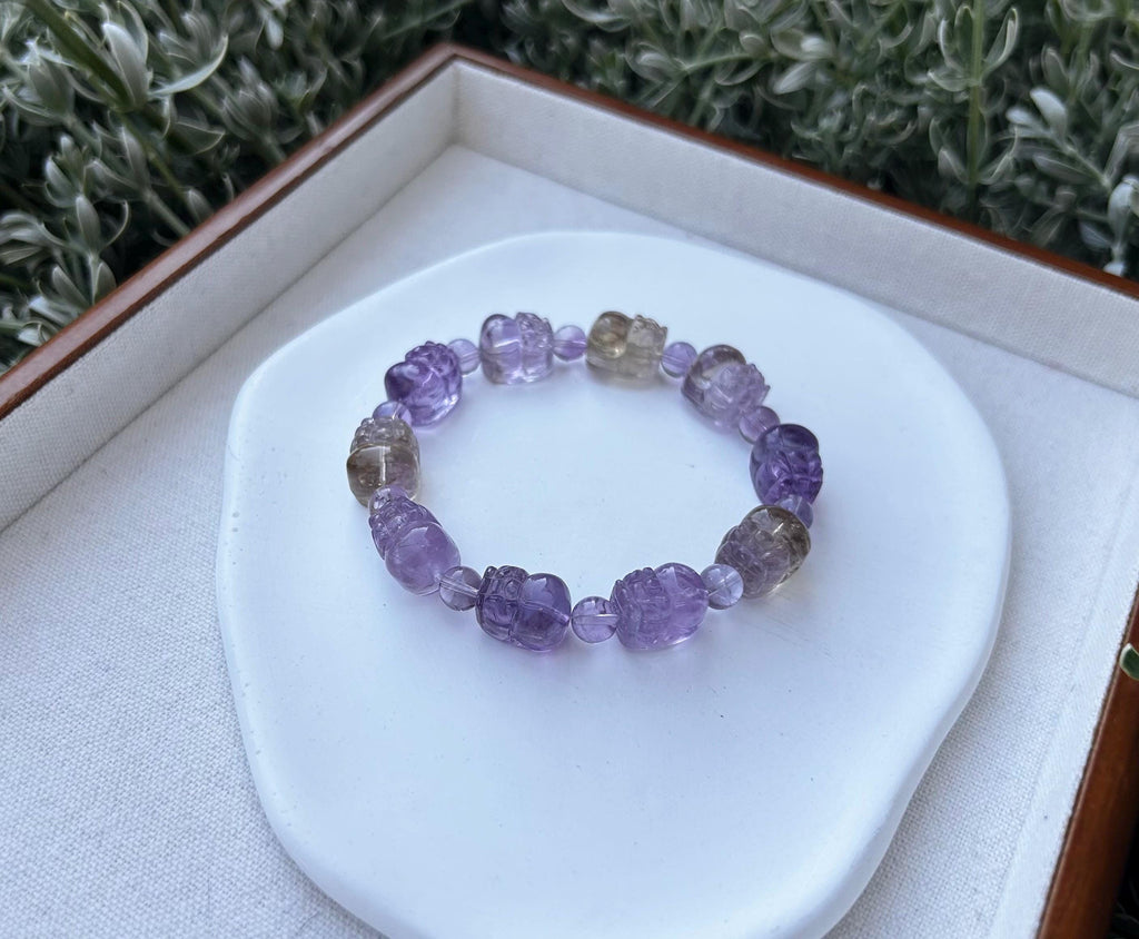 Purple and Yellow Citrine PiXiu Bracelet: Natural Crystal Carved Beads  (GH-021)