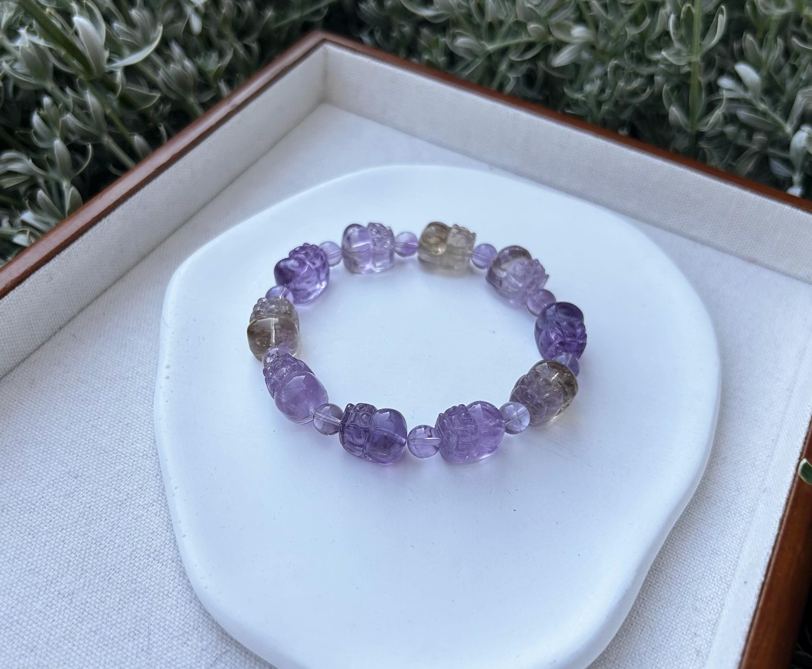 Purple and Yellow Citrine PiXiu Bracelet: Natural Crystal Carved Beads  (GH-021)