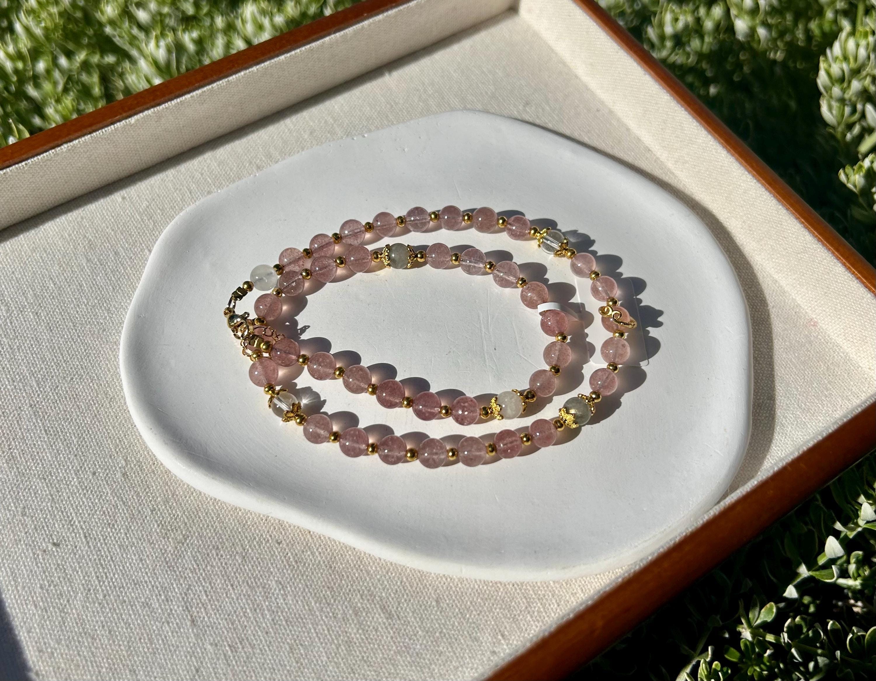 Light Pink Strawberry Quartz beads and pearl Necklace, Handmade Jewelry, Gift for Her (26-081)