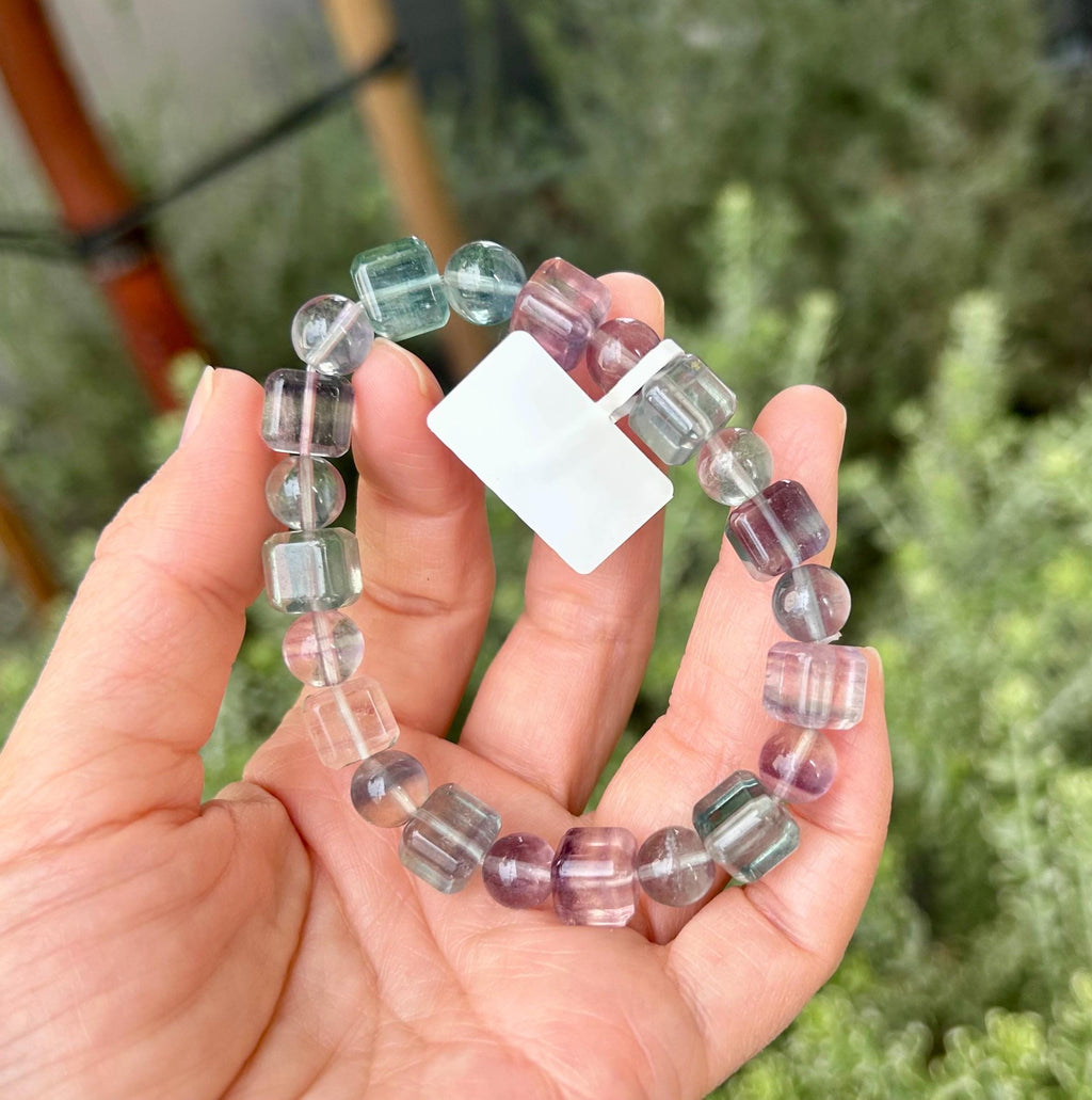 High Clarity Multicolor Fluorite square Beads Bracelet - 9mm beads, fits up to 16cm wrist  (26-100)
