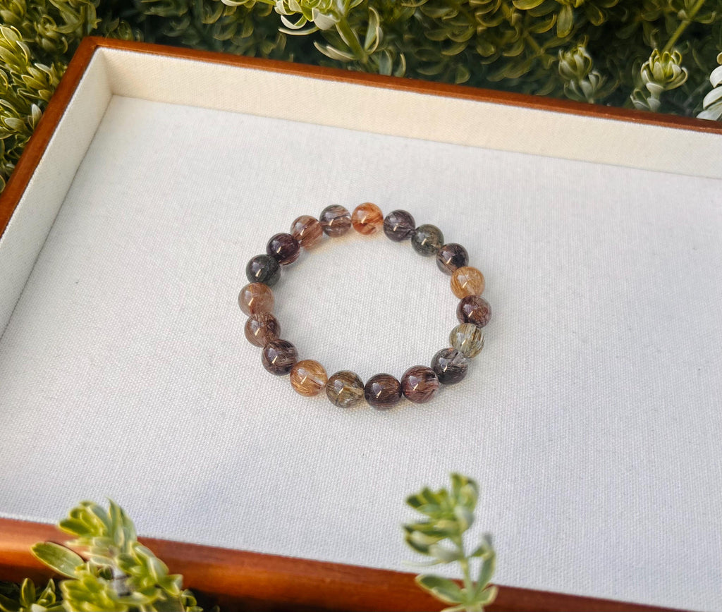 High Grade Black Gold Rutilated Quartz Bead Bracelet: Chunky Gemstone Jewelry (GH-003)
