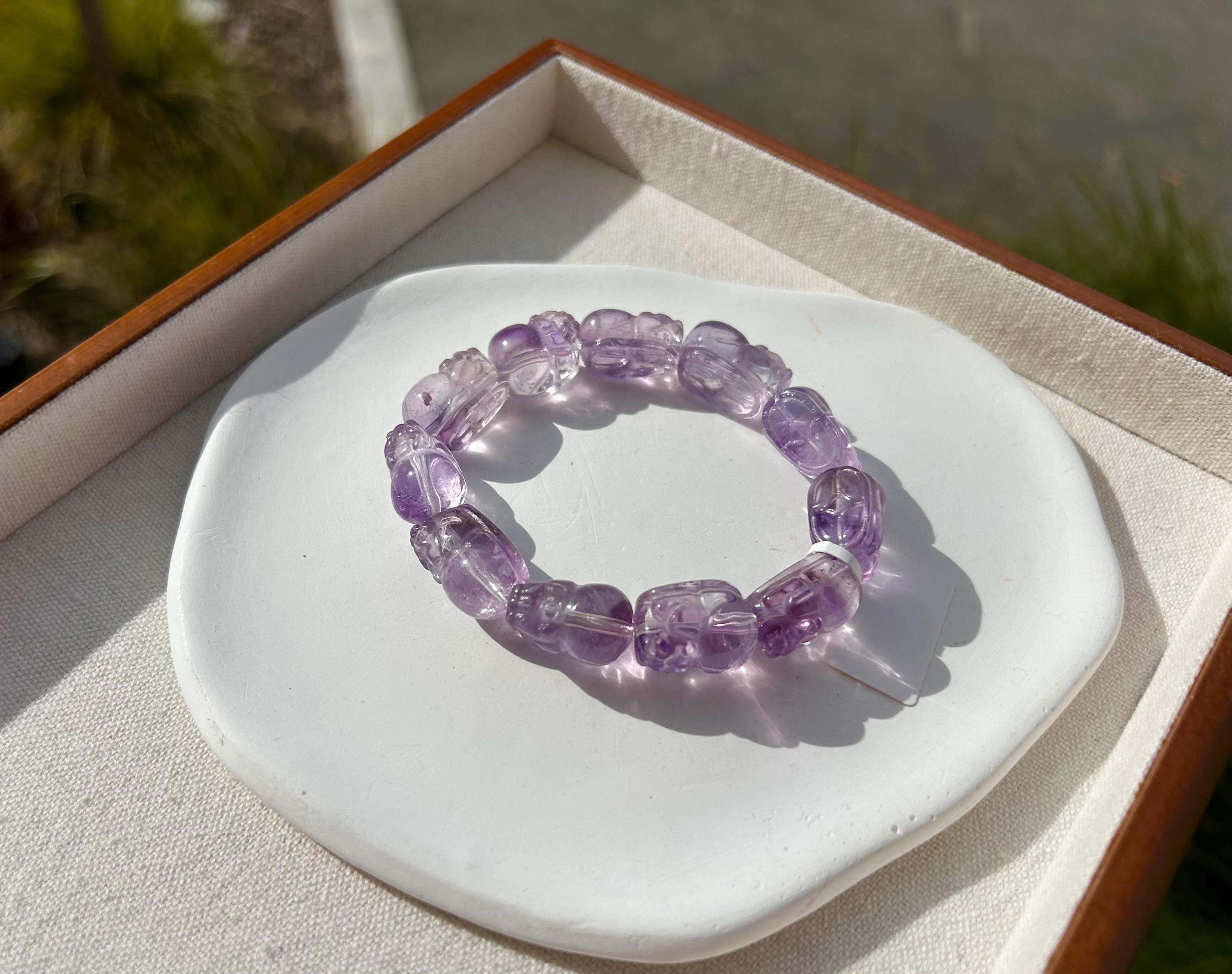 High Clarity Amethyst hand carved PiXiu Bracelet: Natural Crystal Carved Beads,fits up to 16cm wrist (26-194)