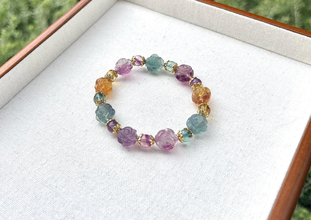 Hand Carved Fluorite Rose Bracelet: Natural Crystal Stone (26-077)