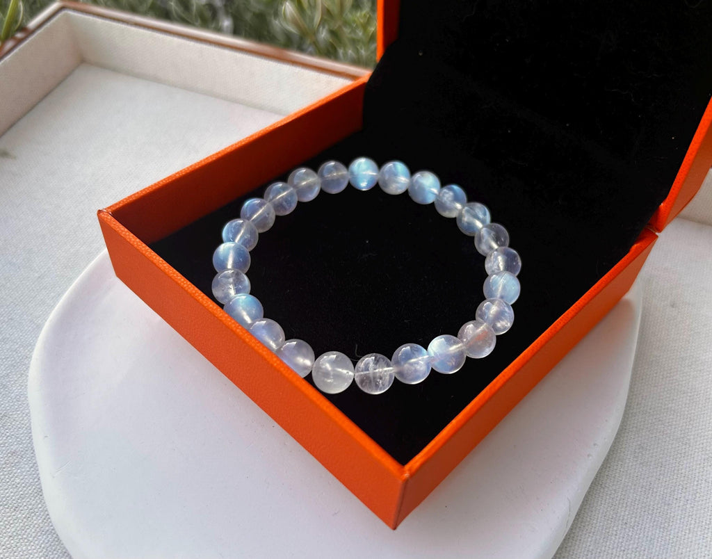 Natural Moonstone Crystal Bracelet: Blue Light Gemstone, 8mm Beads, (25-095)