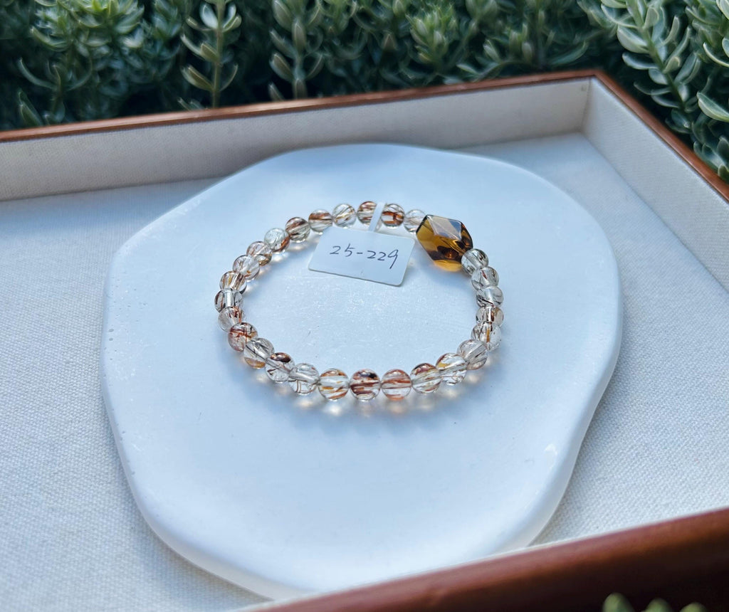 Black Gold Rutile Quartz Crystal Bead Bracelet with one citrine facet bead, Fits up to 17cm wrist (25-229)