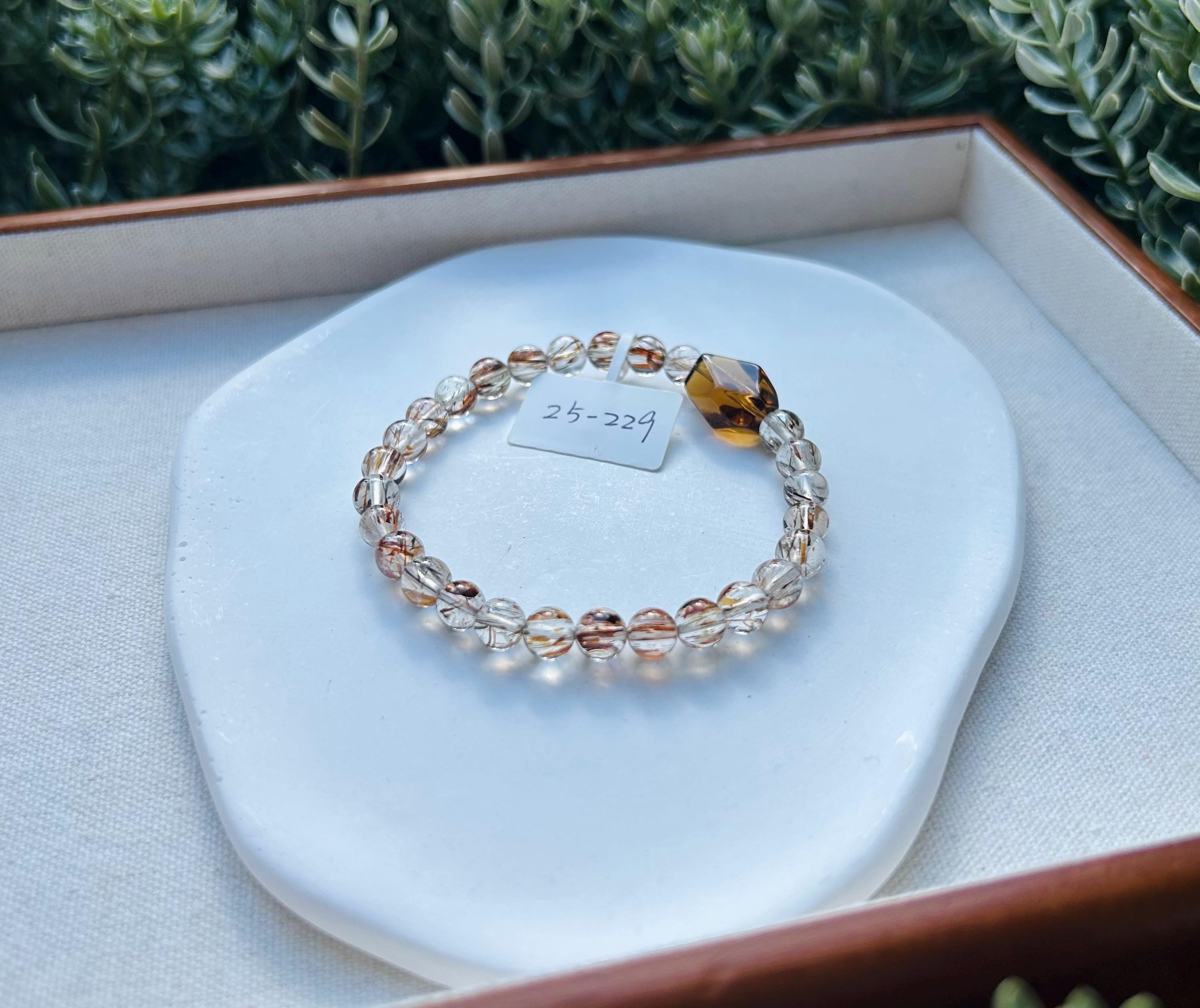 Black Gold Rutile Quartz Crystal Bead Bracelet with one citrine facet bead, Fits up to 17cm wrist (25-229)