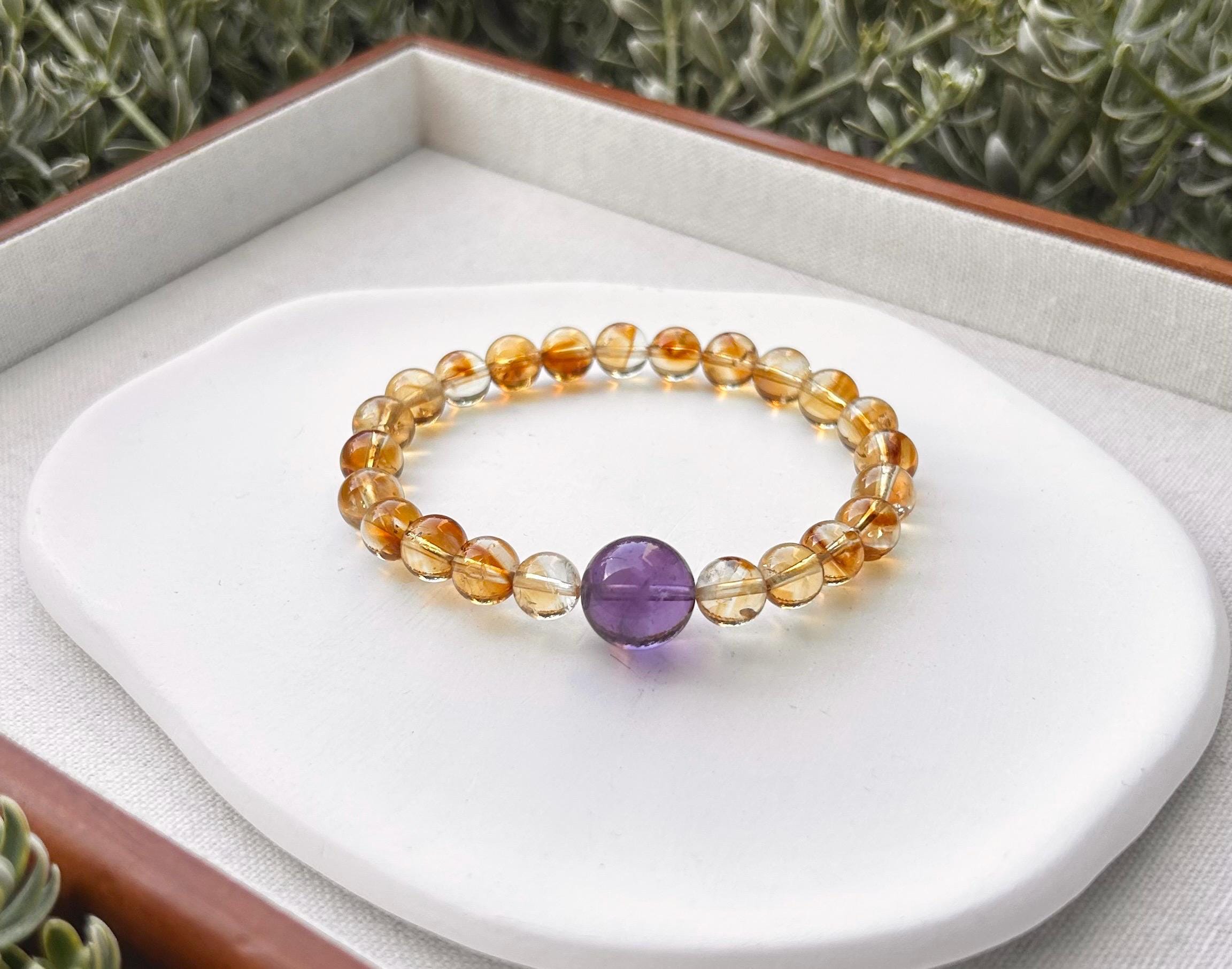 Genuine Citrine Bracelet with Amethyst Bead: Success & Abundance Crystal (25-127)