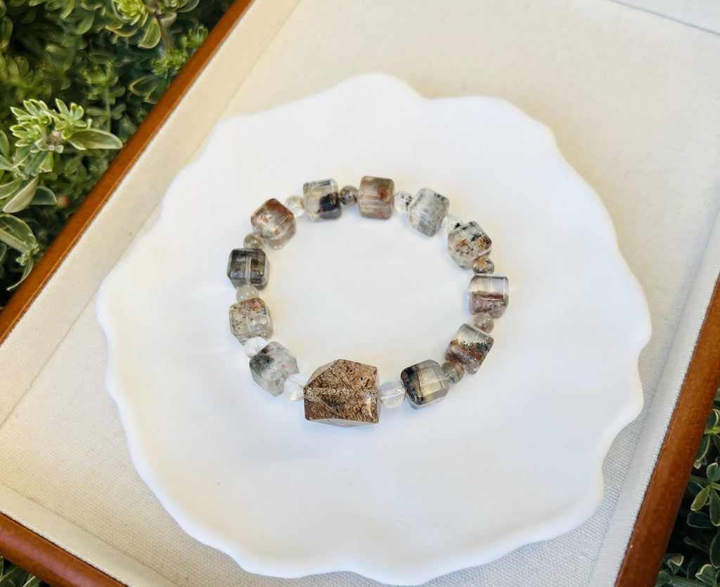 Four Season Phantom Quartz square beads with one chunky Black Gold Rutile Crystal Bracelet, fits up to 17cm wrist (25-184)
