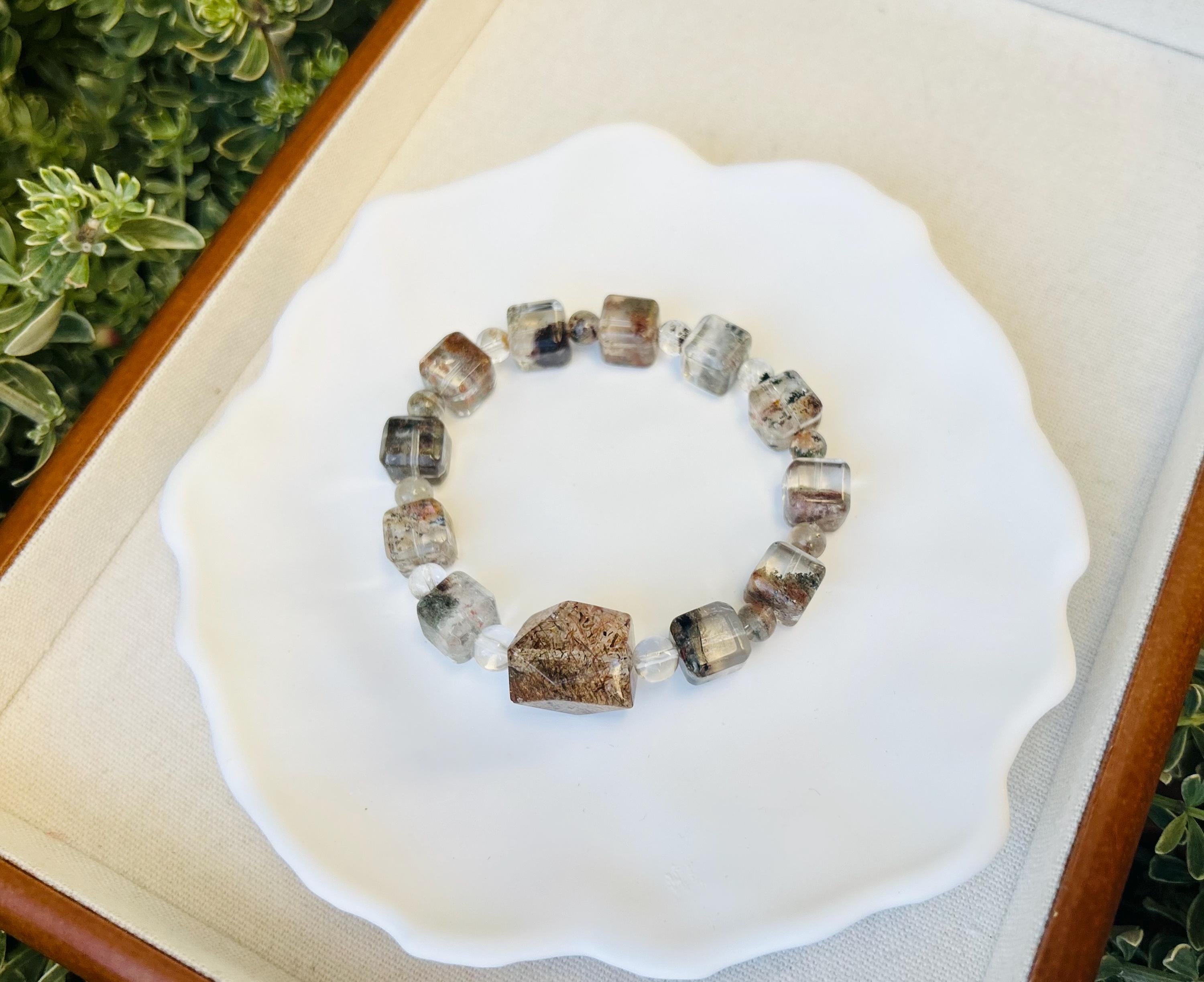 Four Season Phantom Quartz square beads with one chunky Black Gold Rutile Crystal Bracelet, fits up to 17cm wrist (25-184)