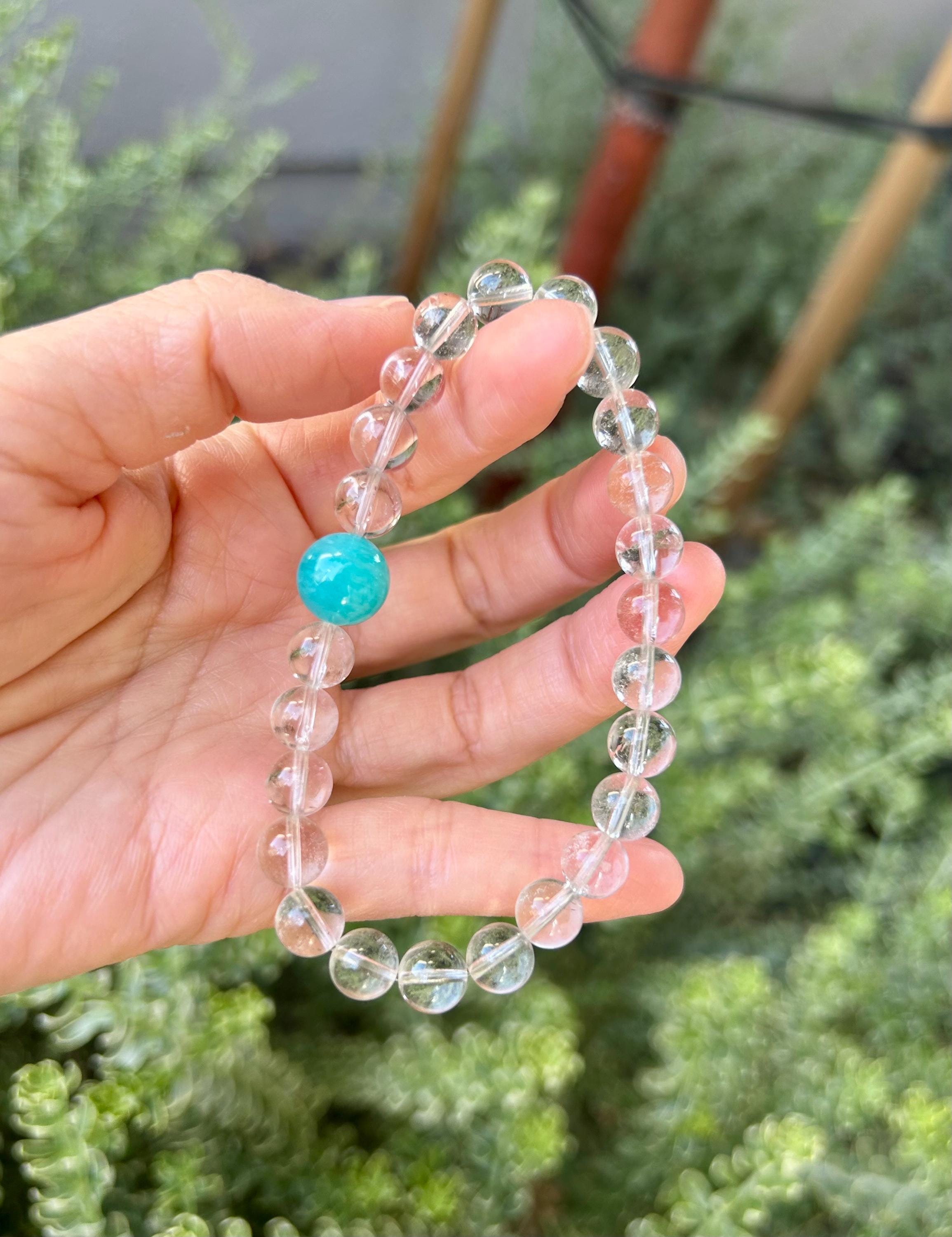 Clear quartz round beads with big amazonite beads bracelet, fits up to 17cm wrist (26-110)
